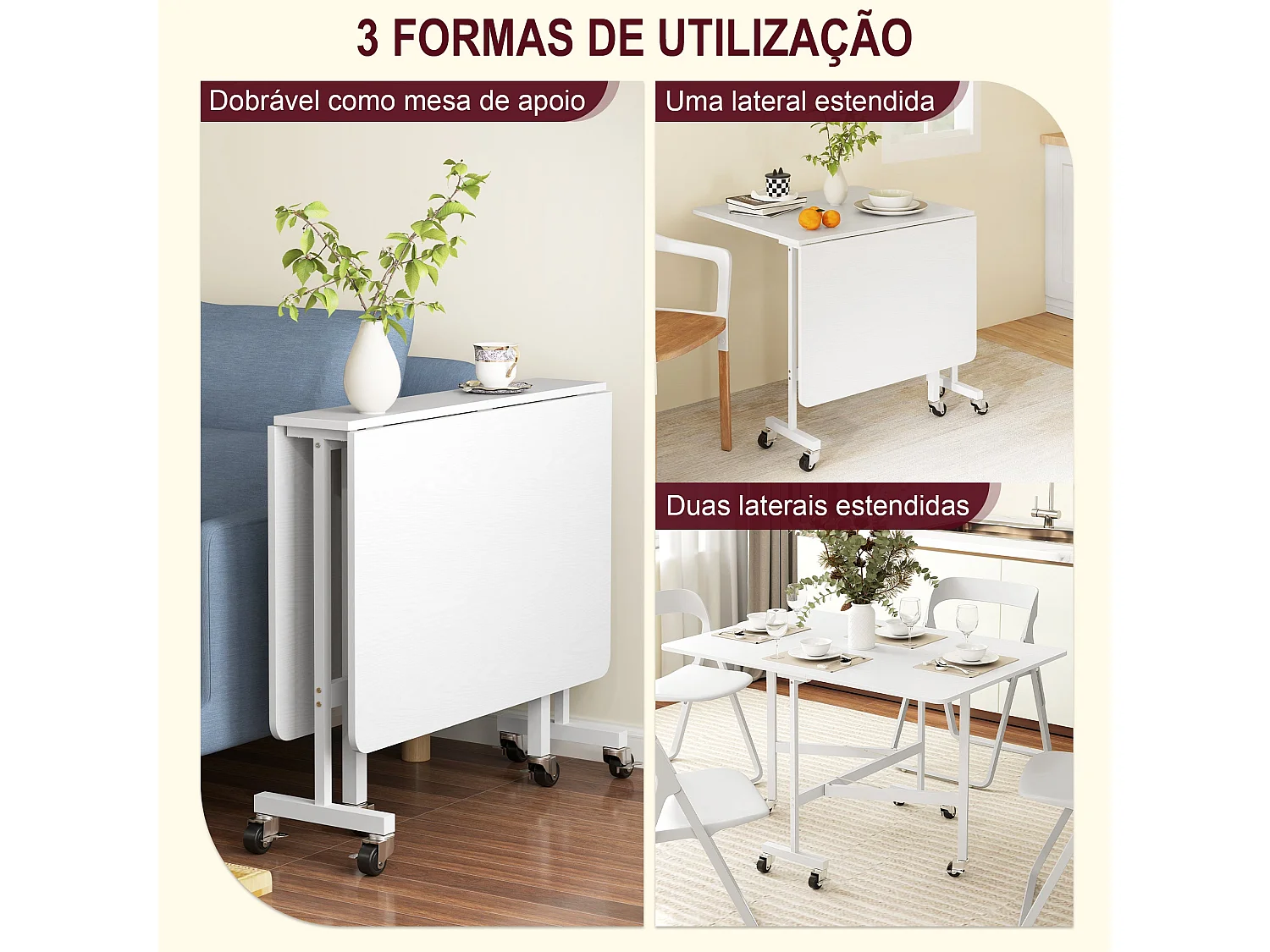 Mesa Dobrável de Cozinha Lucca para 4-6 Pessoas com Rodas e Laterais Dobráveis - 120x80x73 cm - Branca