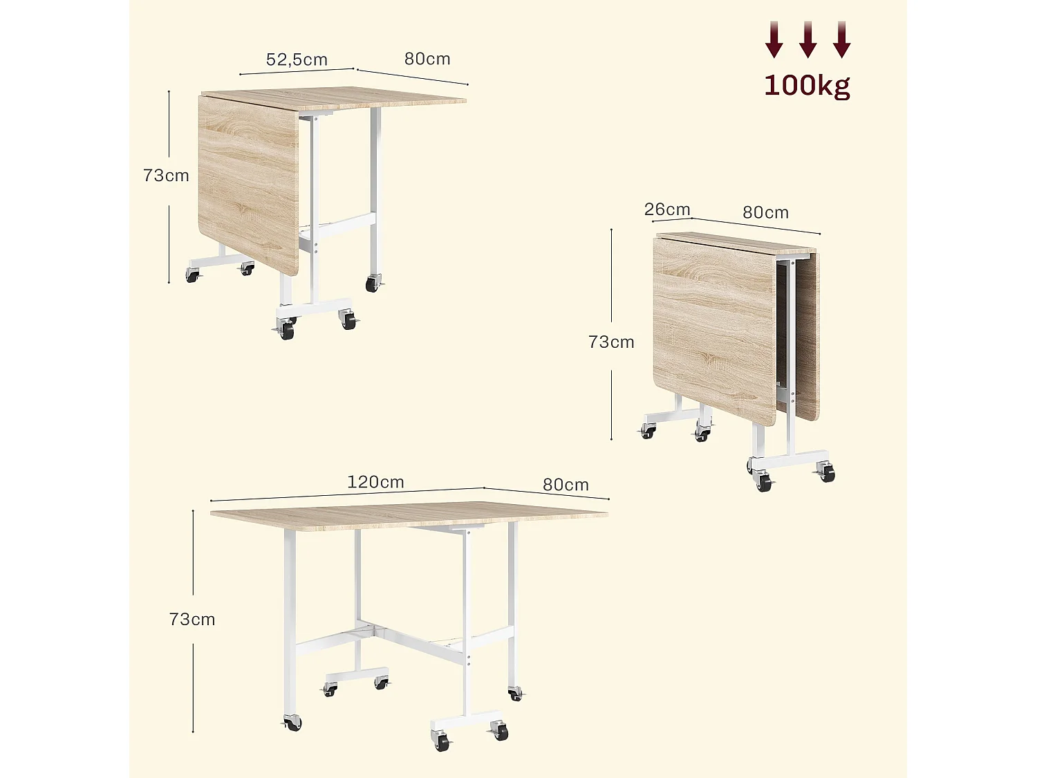 Mesa Dobrável de Cozinha para 4-6 Pessoas com Rodas e Laterais Dobráveis - Modelo Lyon 120x80x73 cm