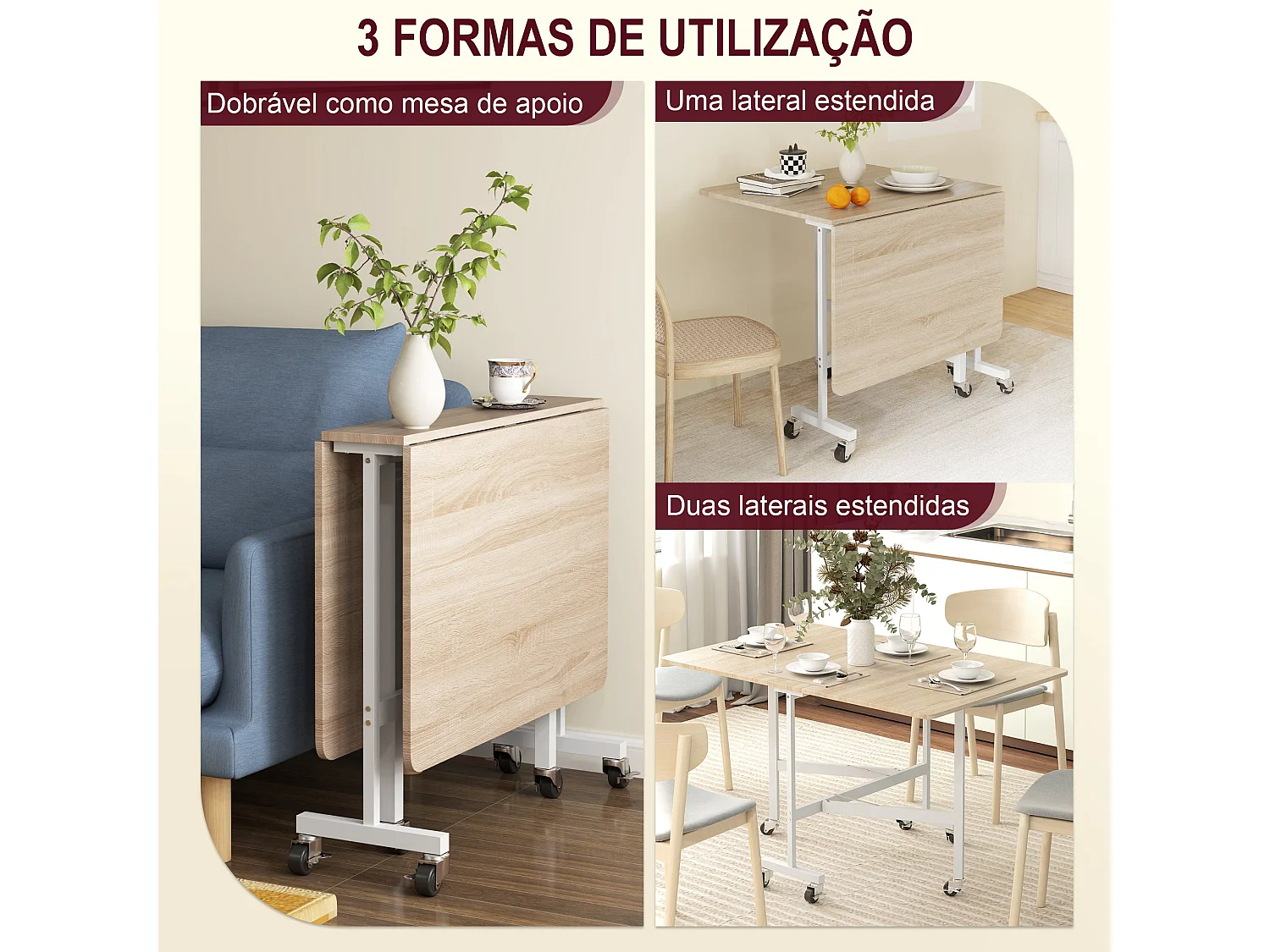 Mesa Dobrável de Cozinha para 4-6 Pessoas com Rodas e Laterais Dobráveis - Modelo Lyon 120x80x73 cm