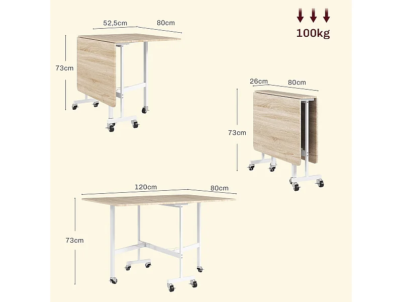 Mesa Dobrável de Cozinha para 4-6 Pessoas com Rodas e Laterais Dobráveis - Modelo Lyon 120x80x73 cm
