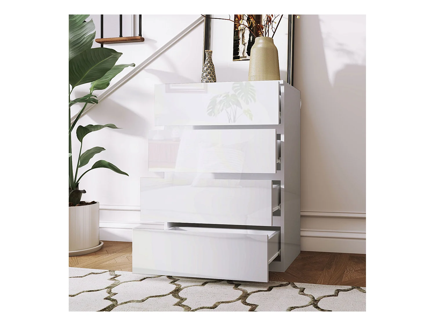 Cómoda Moderna "Lund" com 4 Gavetas em Madeira - Design Elegante e Funcional - 55x33x80 cm - Branco Brilhante