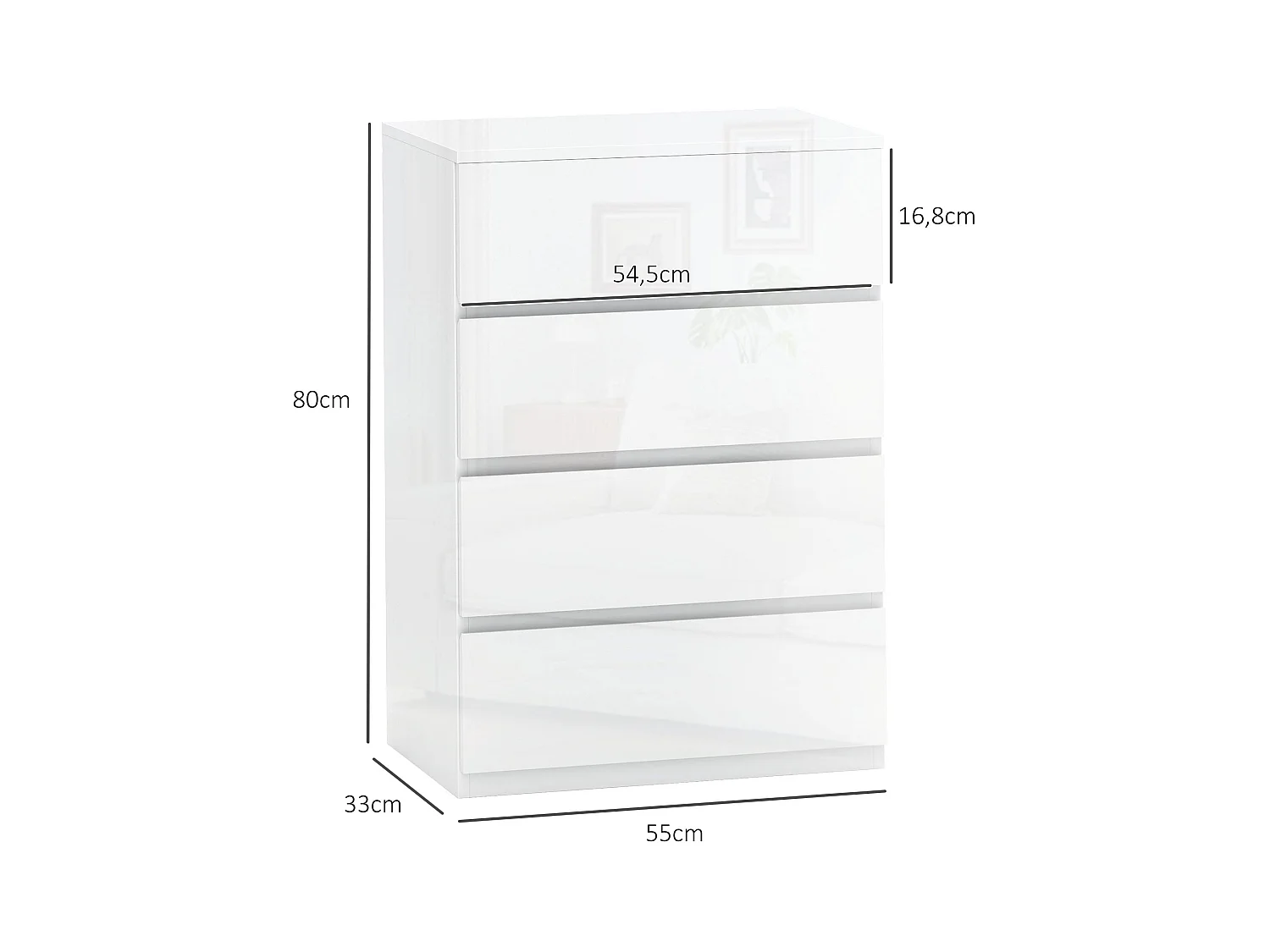 Cómoda Moderna "Lund" com 4 Gavetas em Madeira - Design Elegante e Funcional - 55x33x80 cm - Branco Brilhante