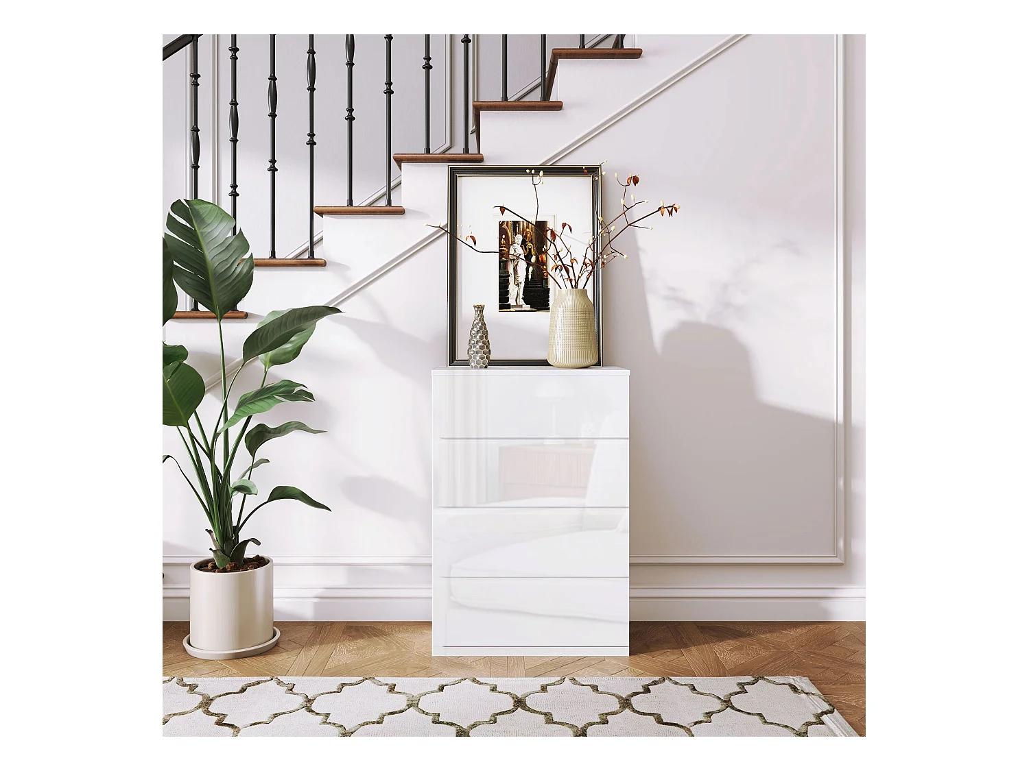 Cómoda Moderna "Lund" com 4 Gavetas em Madeira - Design Elegante e Funcional - 55x33x80 cm - Branco Brilhante