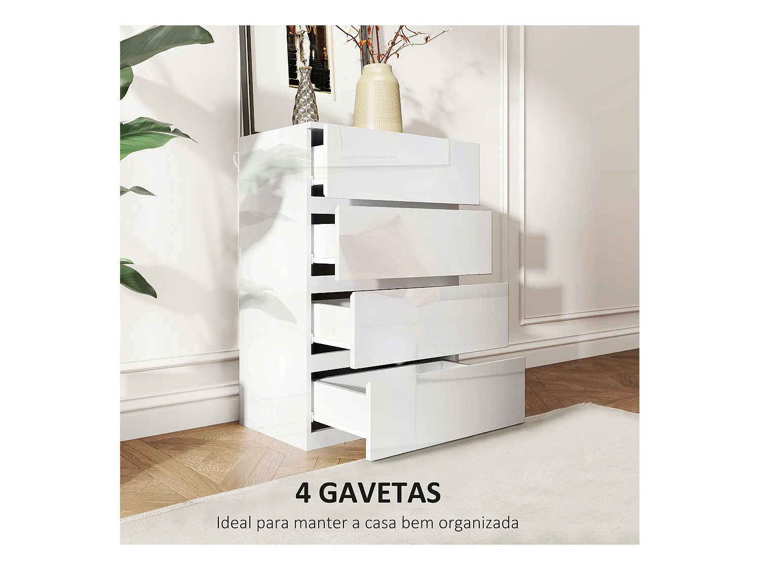 Cómoda Moderna "Lund" com 4 Gavetas em Madeira - Design Elegante e Funcional - 55x33x80 cm - Branco Brilhante