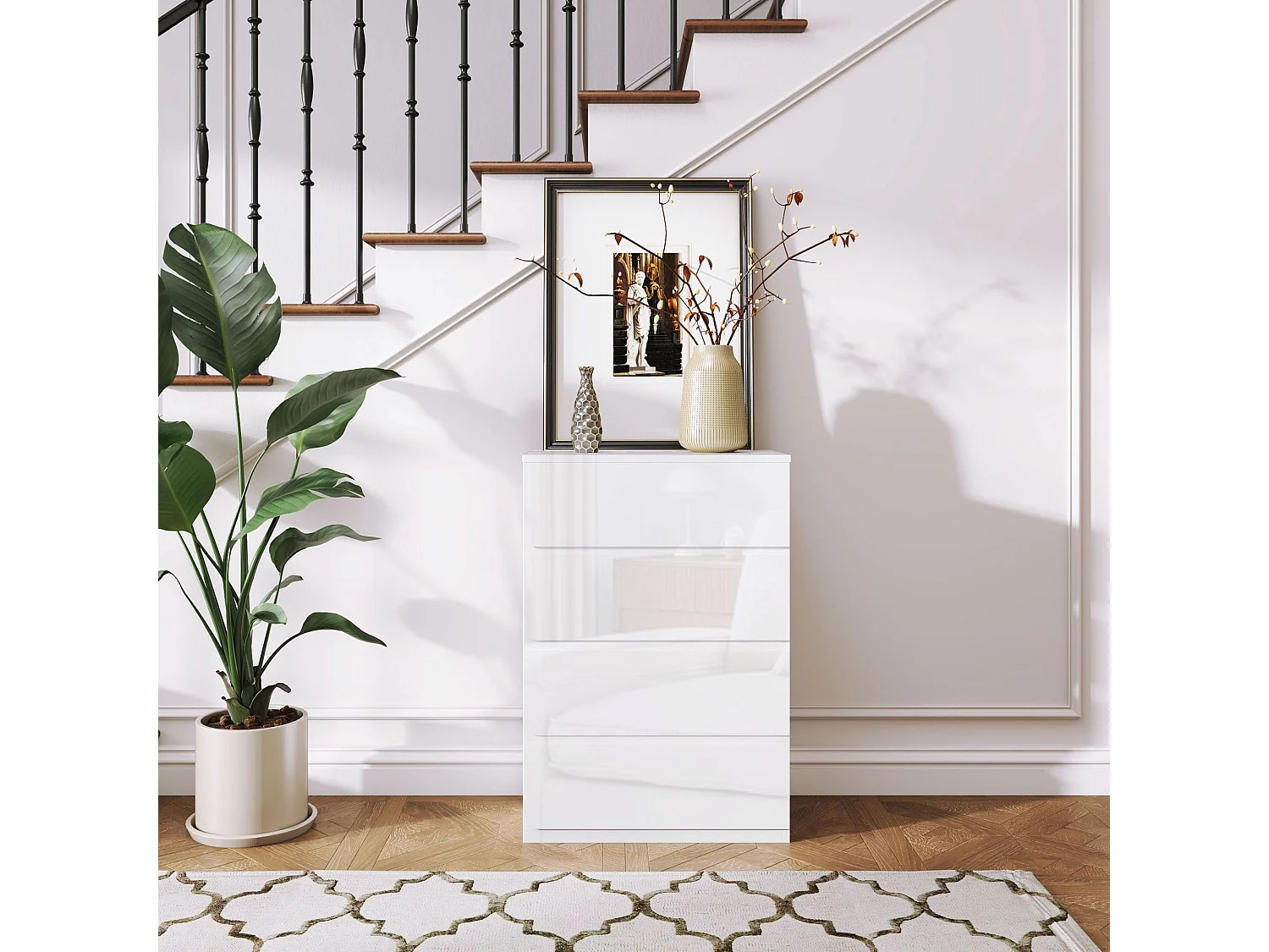 Cómoda Moderna "Lund" com 4 Gavetas em Madeira - Design Elegante e Funcional - 55x33x80 cm - Branco Brilhante