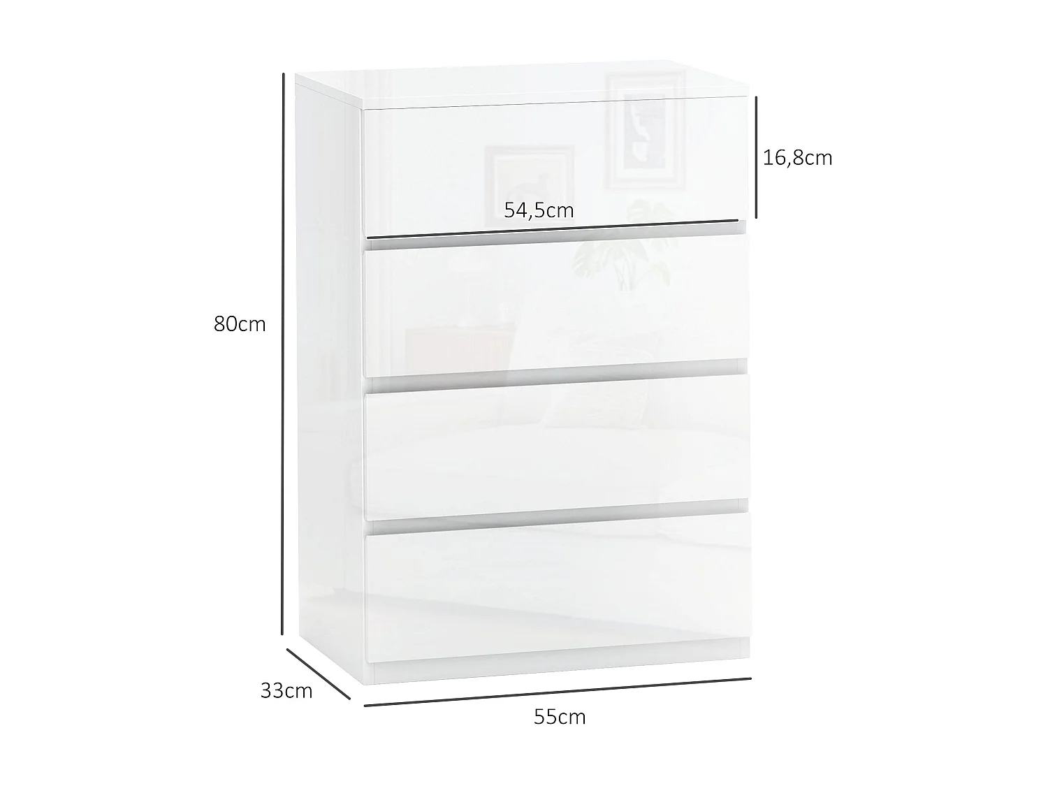 Cómoda Bromelia Homcom 4 cajones blanco brillo 80x55x33 cm