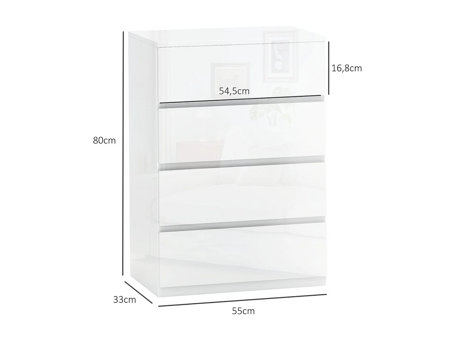 Cómoda Bromelia Homcom 4 cajones blanco brillo 80x55x33 cm