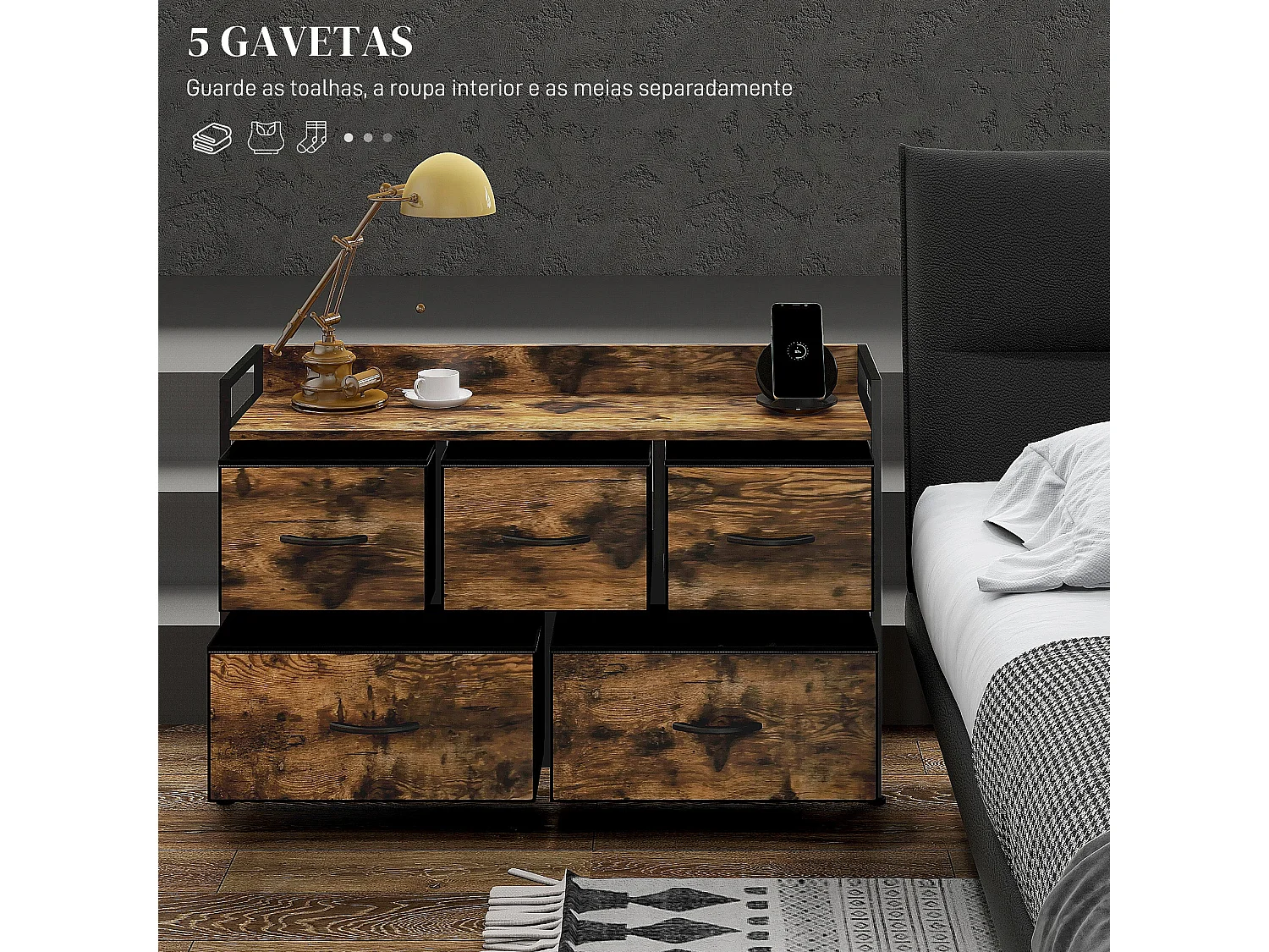 Cómoda Industrial com 5 Gavetas em Tecido - Estilo Moderno e Funcional para Quarto, Sala e Entrada 98x29x63 cm Castanho Rústico