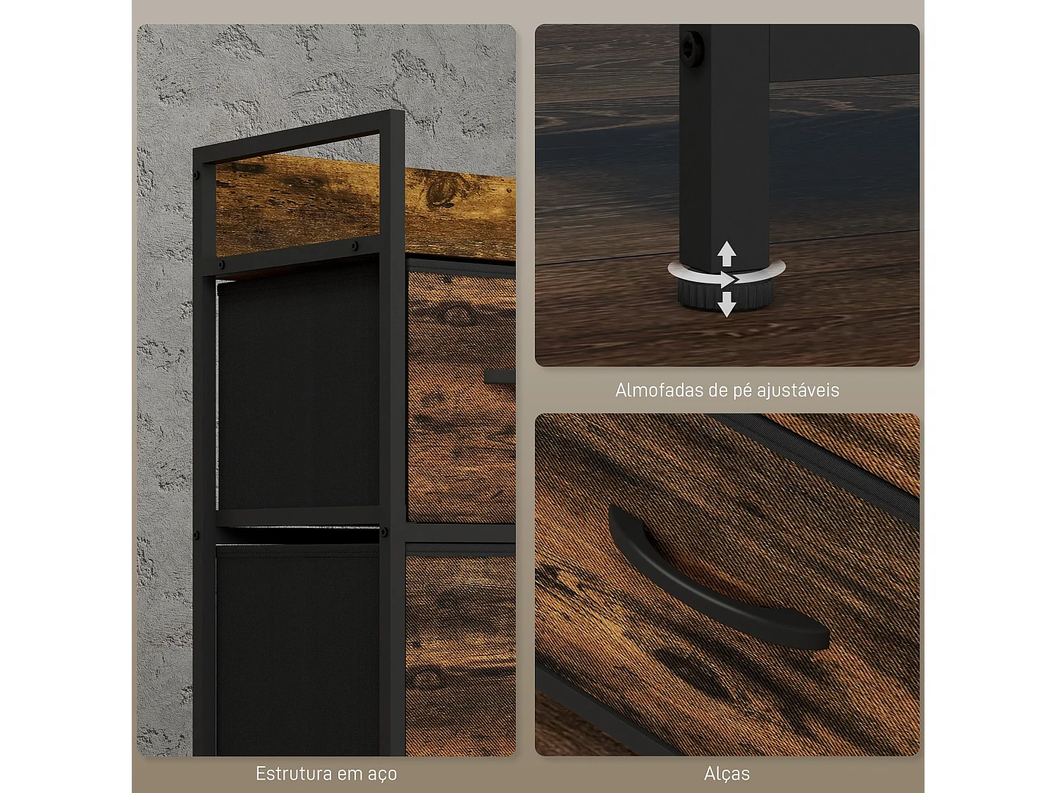 Cómoda Industrial com 5 Gavetas em Tecido - Estilo Moderno e Funcional para Quarto, Sala e Entrada 98x29x63 cm Castanho Rústico