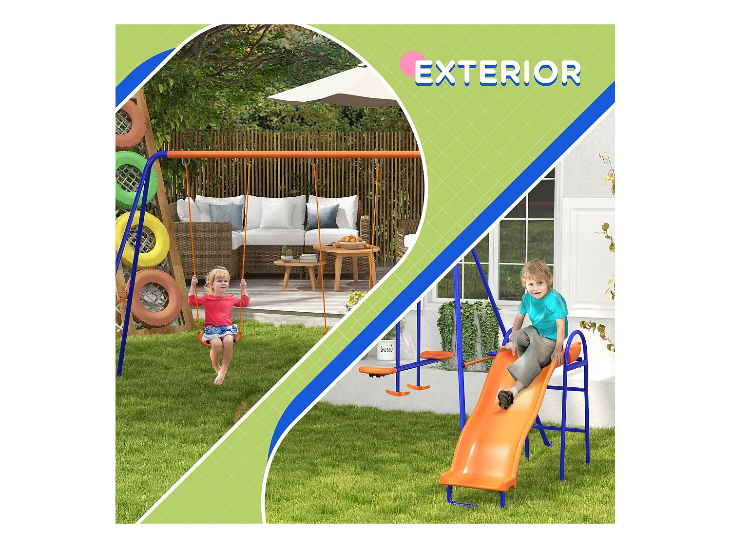 Baloiço Infantil 4 em 1 para Jardim com Escorrega e Proteção UV