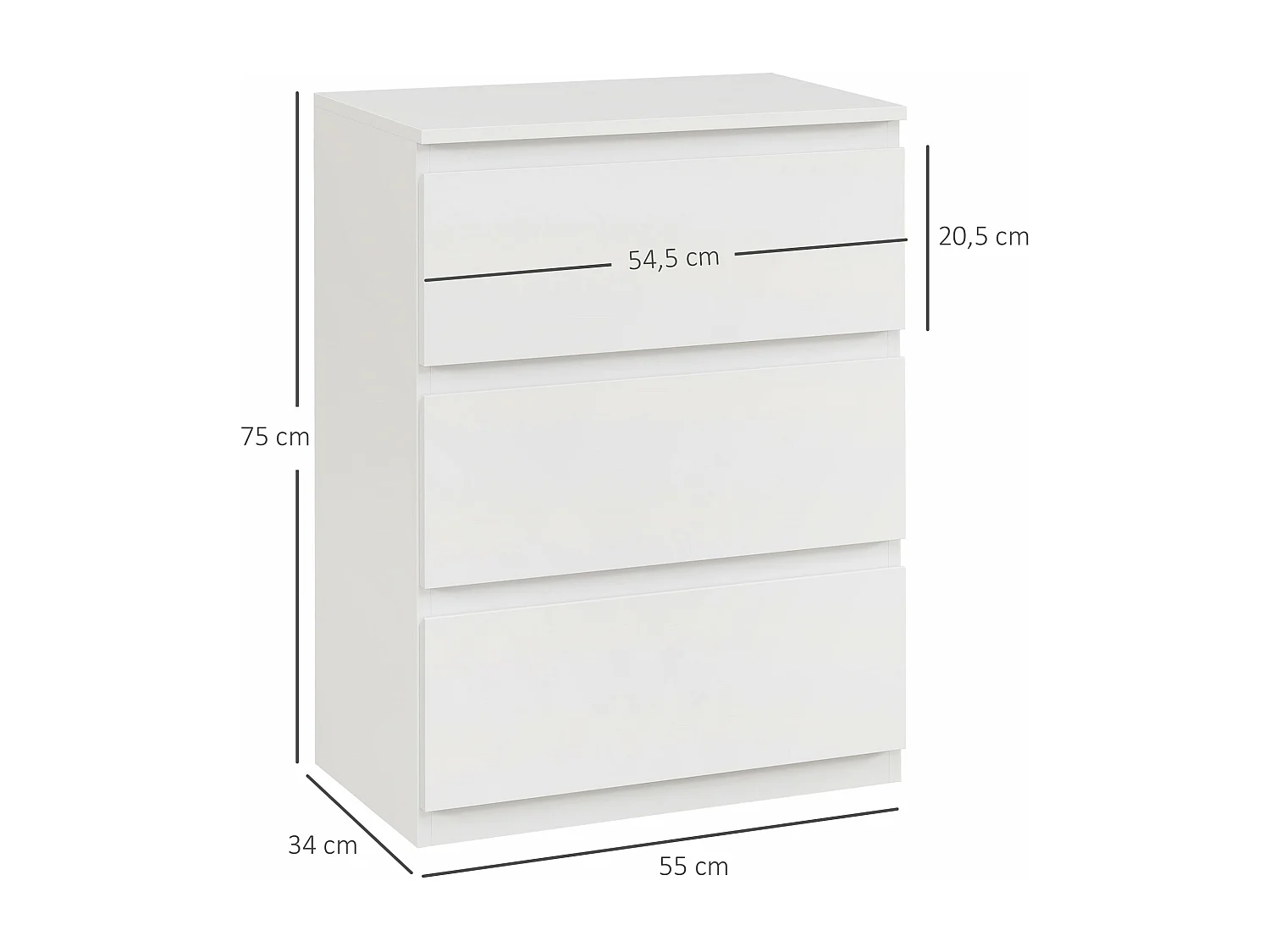 Cómoda Moderna Branca com 3 Gavetas - Estilo Elegante e Funcional para o Seu Lar 55x34x75 cm