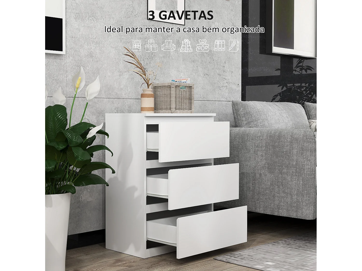 Cómoda Moderna Branca com 3 Gavetas - Estilo Elegante e Funcional para o Seu Lar 55x34x75 cm