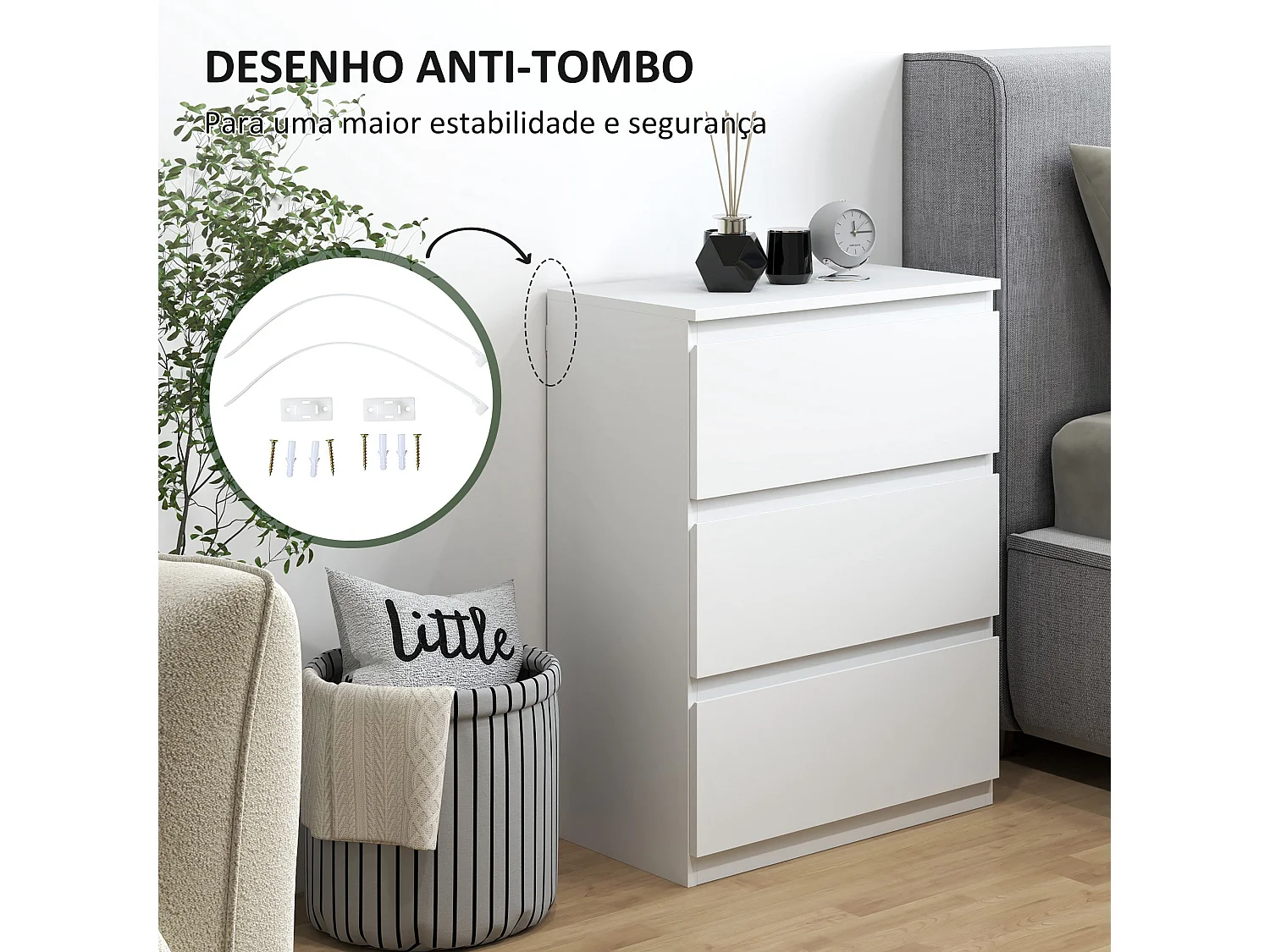 Cómoda Moderna Branca com 3 Gavetas - Estilo Elegante e Funcional para o Seu Lar 55x34x75 cm