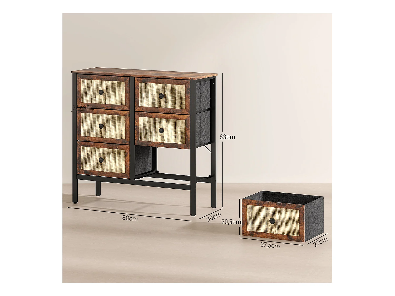 Cómoda Caramel Homcom 6 cajones negro/marrón 83x88x30 cm