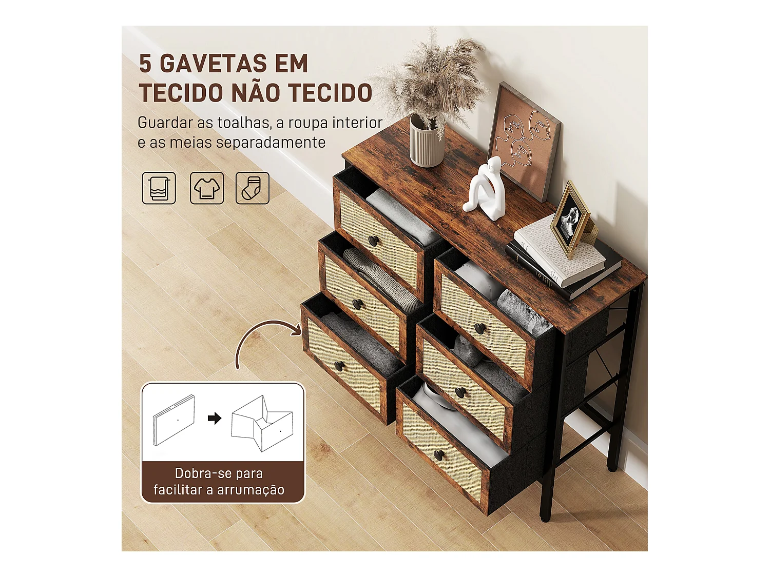 Cómoda Caramel Homcom 6 cajones negro/marrón 83x88x30 cm