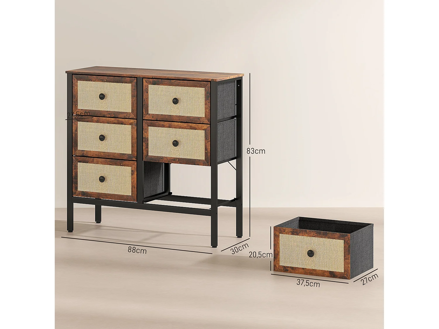Cómoda Elegante para Dormitório com 6 Gavetas Dobráveis em Vime e Estrutura de Aço - Modelo Rimini