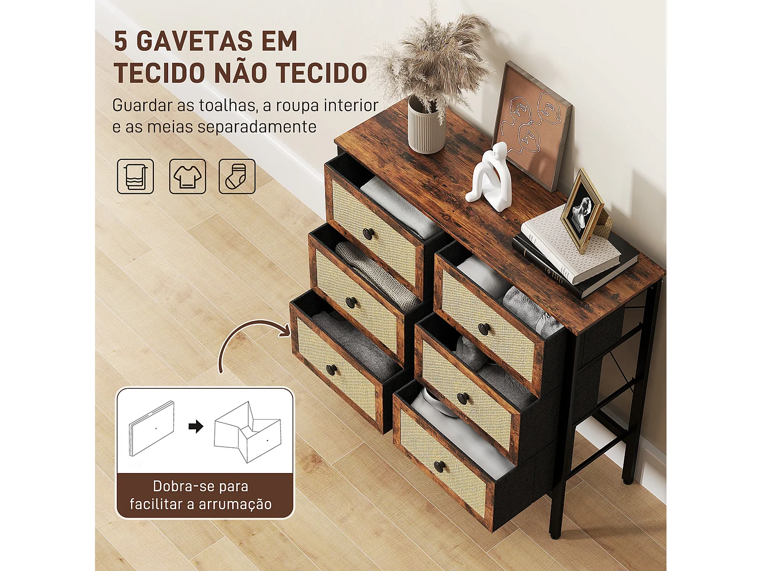 Cómoda Elegante para Dormitório com 6 Gavetas Dobráveis em Vime e Estrutura de Aço - Modelo Rimini