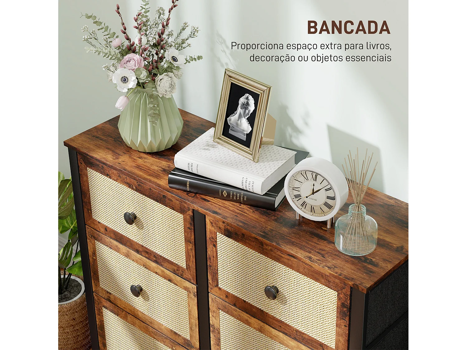 Cómoda Elegante para Dormitório com 6 Gavetas Dobráveis em Vime e Estrutura de Aço - Modelo Rimini