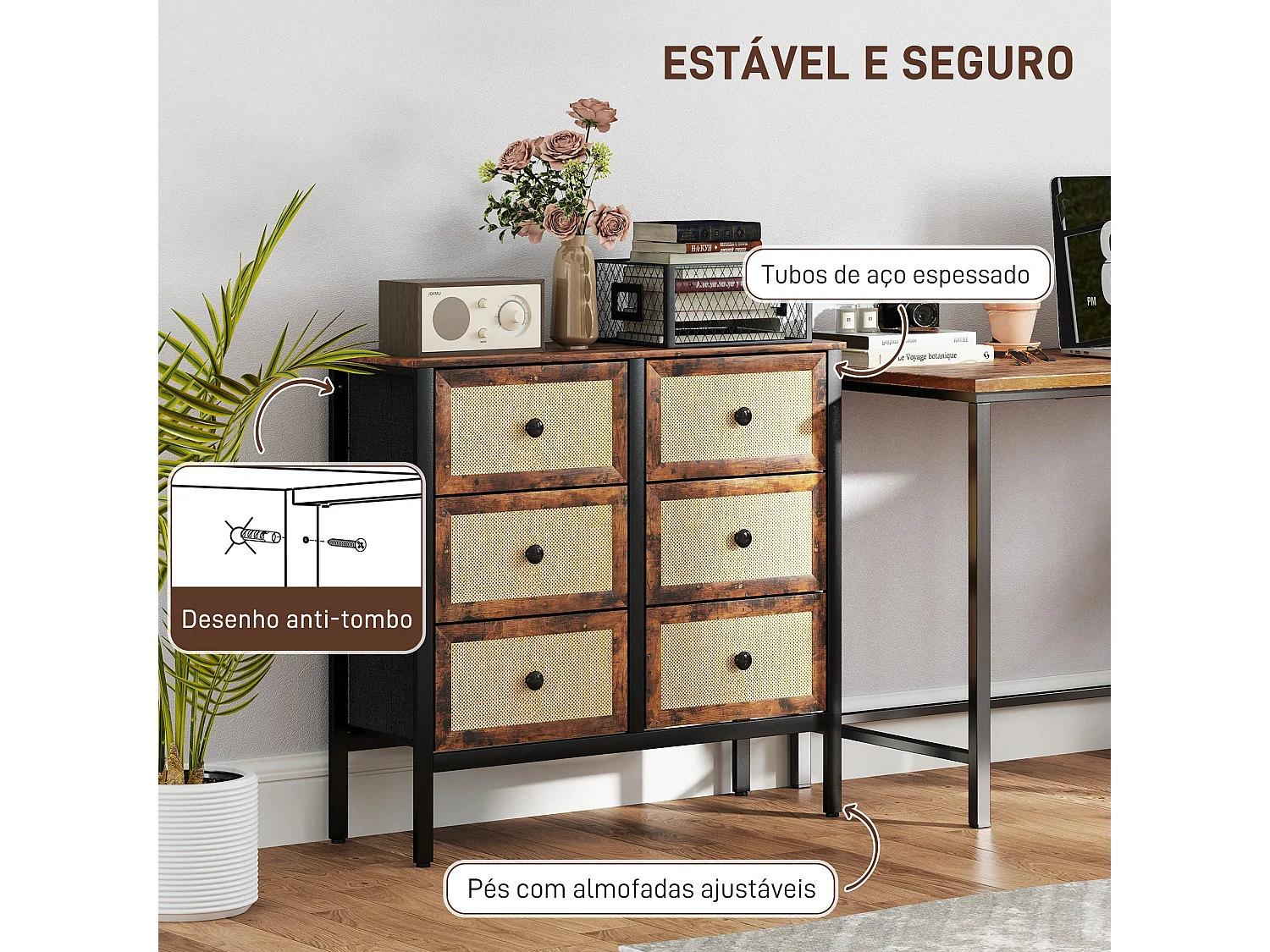 Cómoda Elegante para Dormitório com 6 Gavetas Dobráveis em Vime e Estrutura de Aço - Modelo Rimini