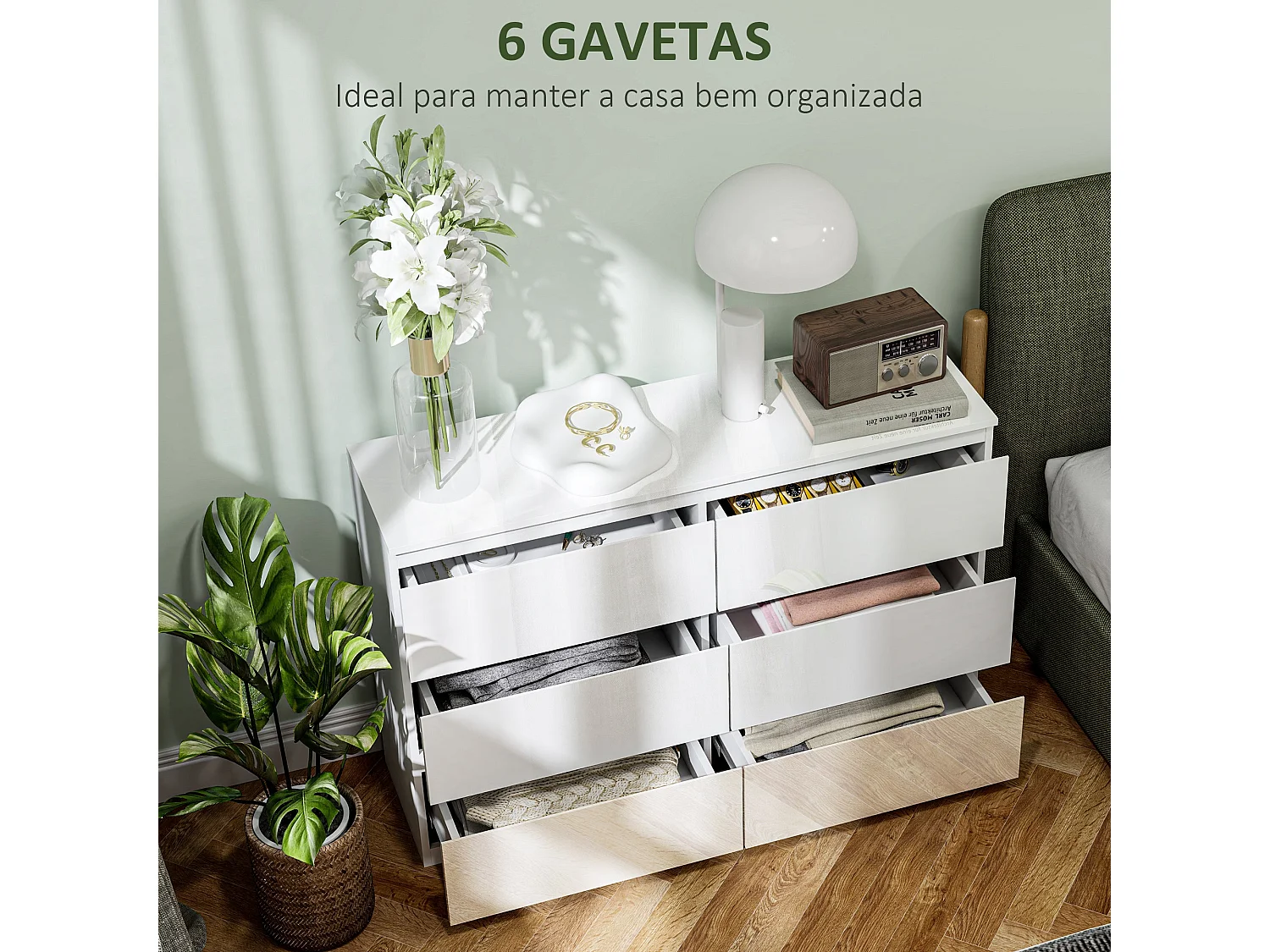 Cómoda Moderna com 6 Gavetas em Madeira Branca para Organizar Seu Espaço