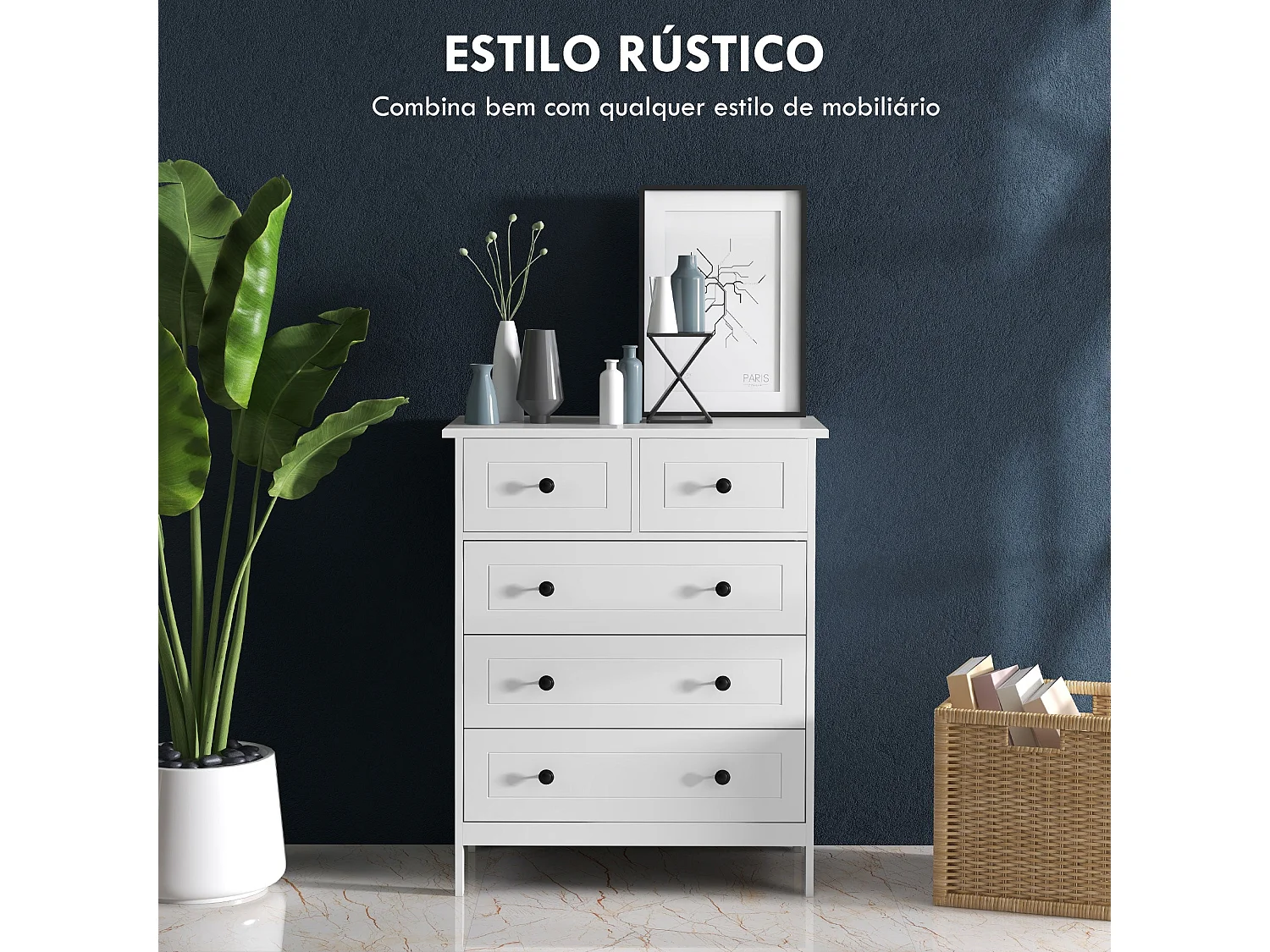 Cómoda Branca Moderna com 5 Gavetas para Quarto e Sala de Estar 74x40x91 cm