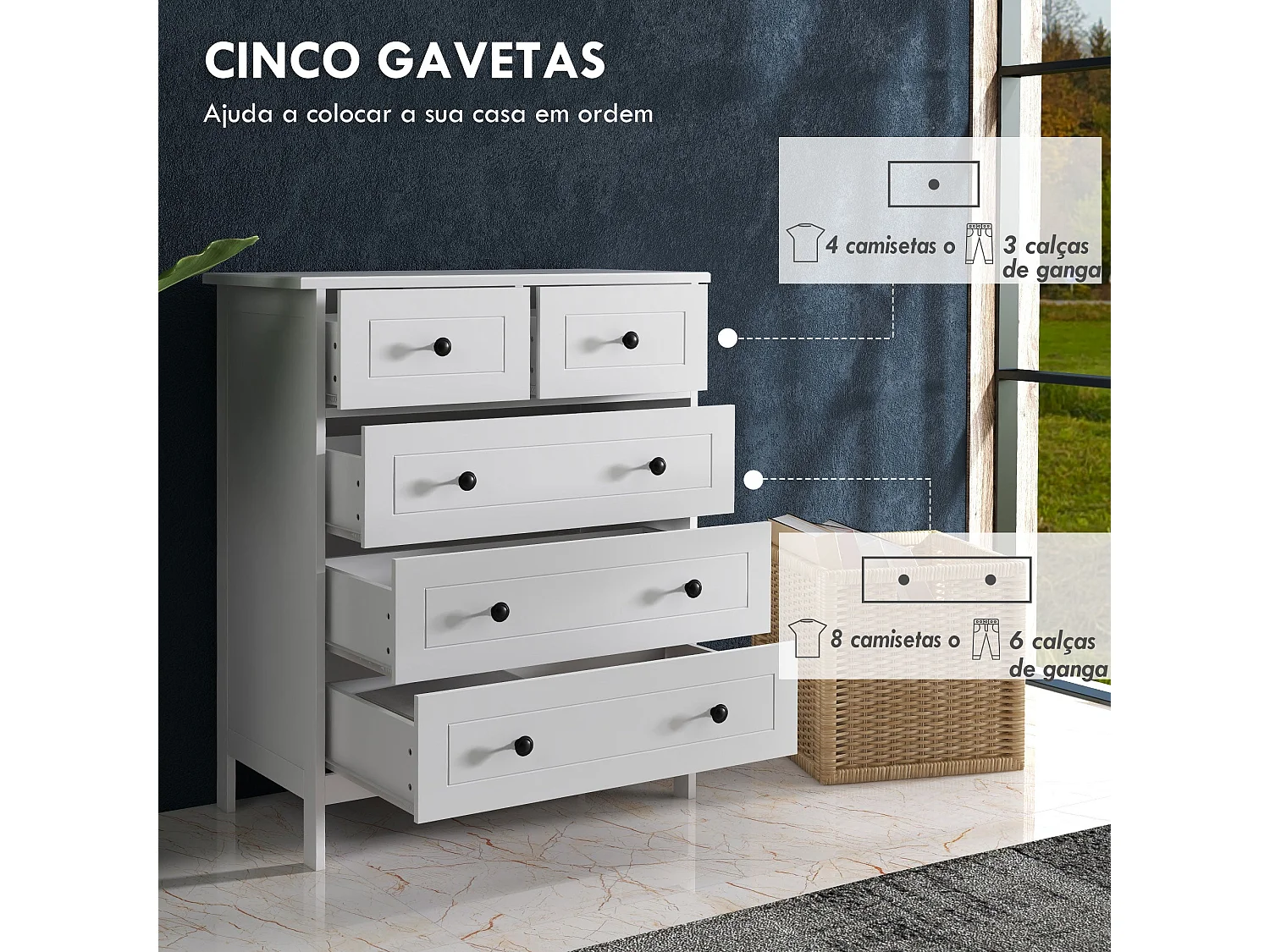 Cómoda Branca Moderna com 5 Gavetas para Quarto e Sala de Estar 74x40x91 cm