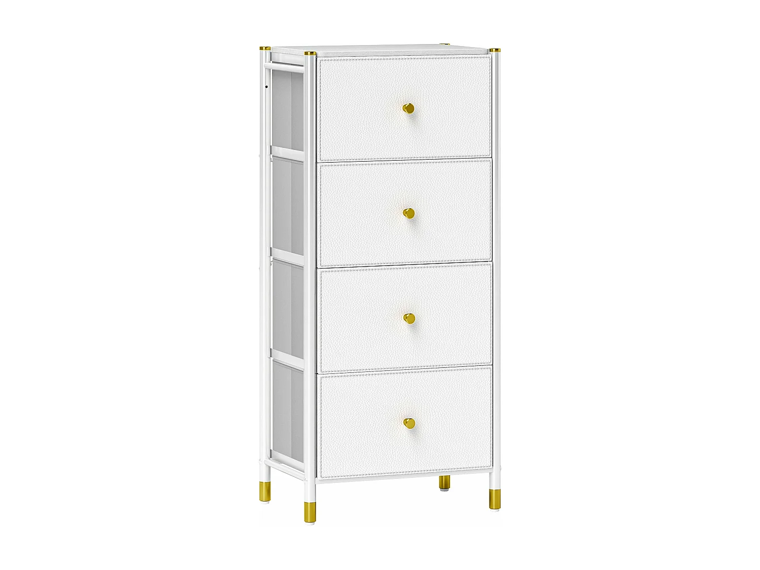 Cómoda de Tecido com 4 Gavetas Dobráveis e Frentes de Couro PU – Modelo Lyon 46x30x98 cm Branco