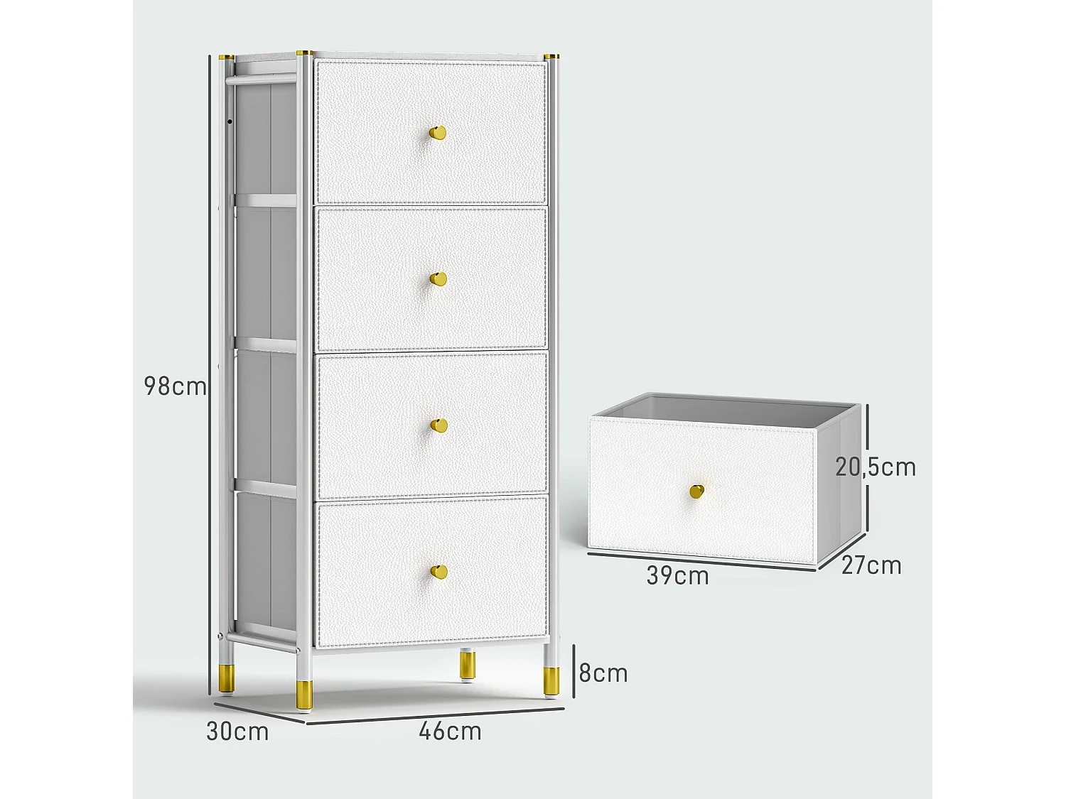 Cómoda de Tecido com 4 Gavetas Dobráveis e Frentes de Couro PU – Modelo Lyon 46x30x98 cm Branco