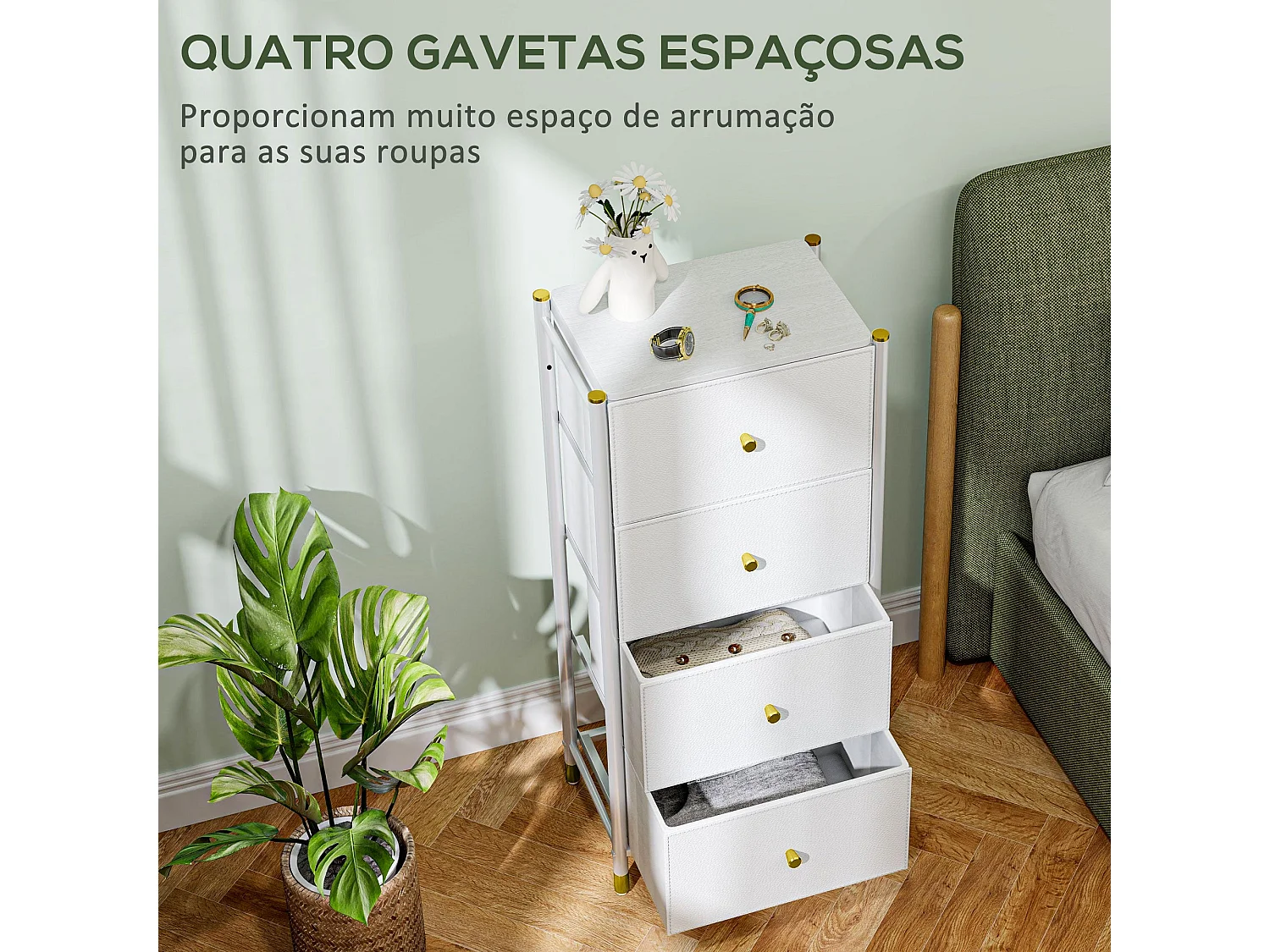 Cómoda de Tecido com 4 Gavetas Dobráveis e Frentes de Couro PU – Modelo Lyon 46x30x98 cm Branco