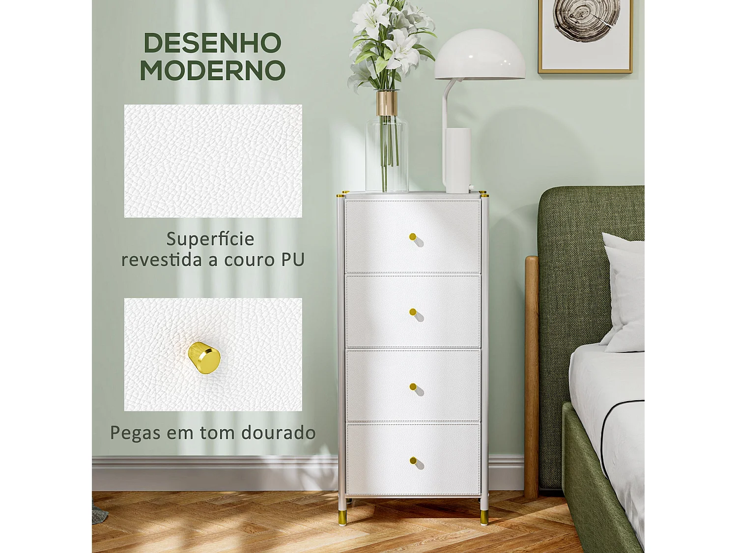 Cómoda de Tecido com 4 Gavetas Dobráveis e Frentes de Couro PU – Modelo Lyon 46x30x98 cm Branco