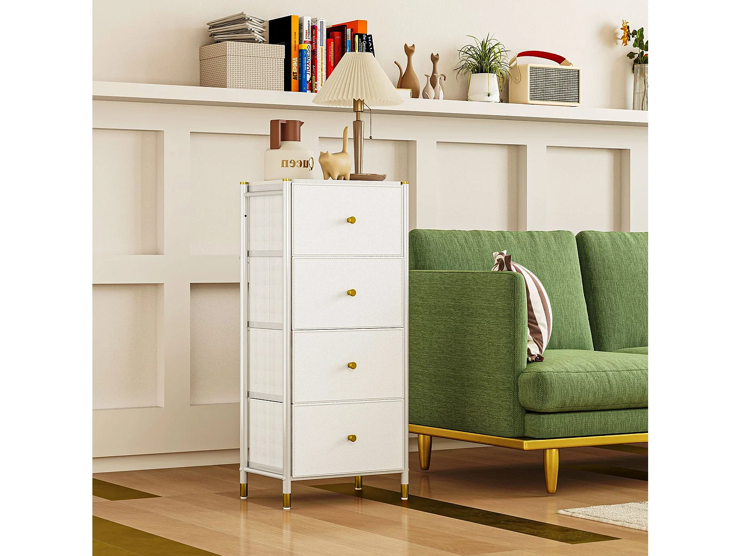 Cómoda de Tecido com 4 Gavetas Dobráveis e Frentes de Couro PU – Modelo Lyon 46x30x98 cm Branco