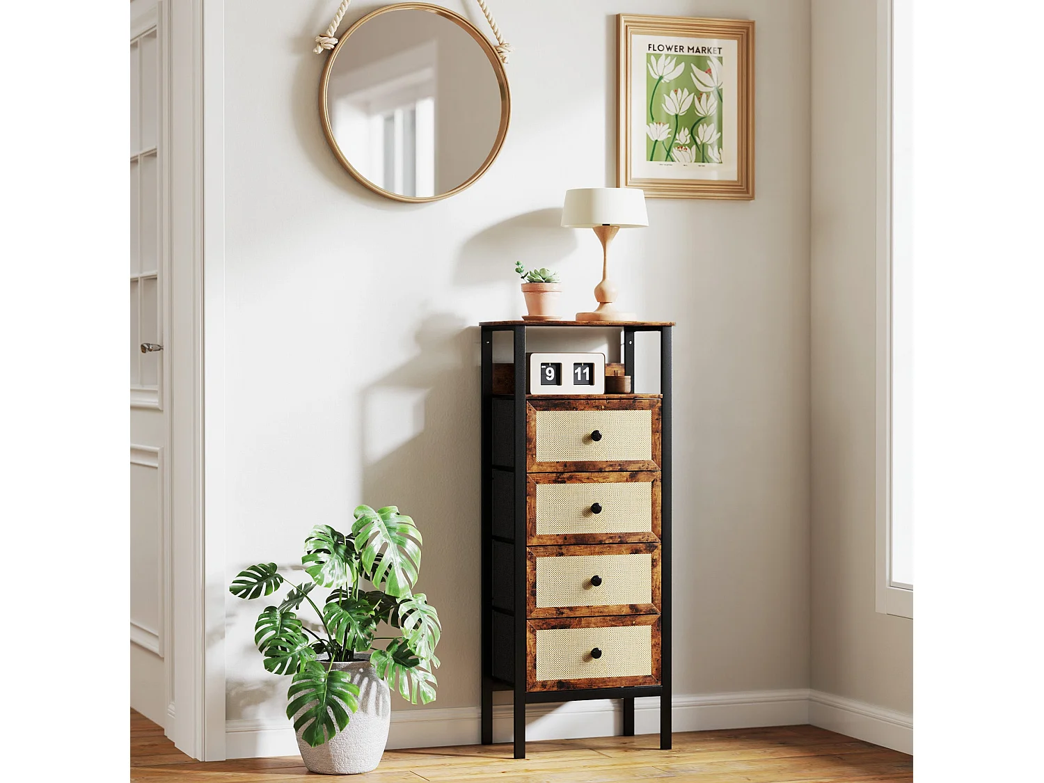 Cómoda Meg Homcom estante abierto + 4 cajones plegables marrón 126x50x30 cm