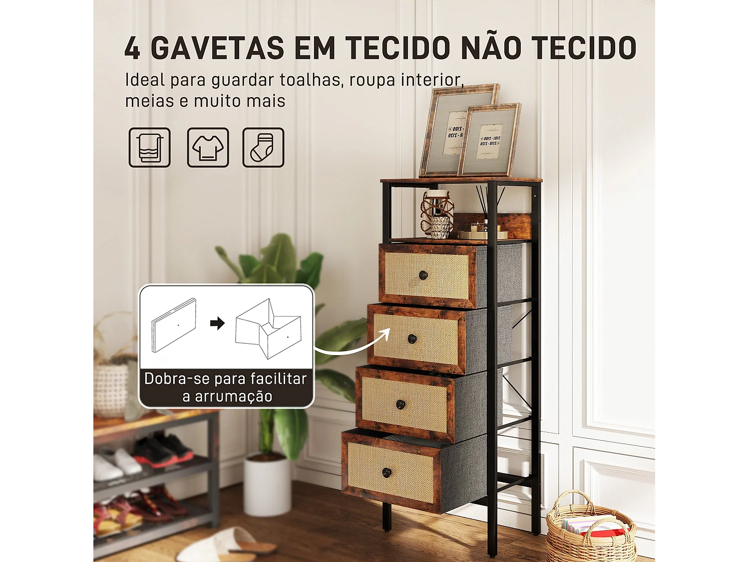 Cómoda Meg Homcom estante abierto + 4 cajones plegables marrón 126x50x30 cm