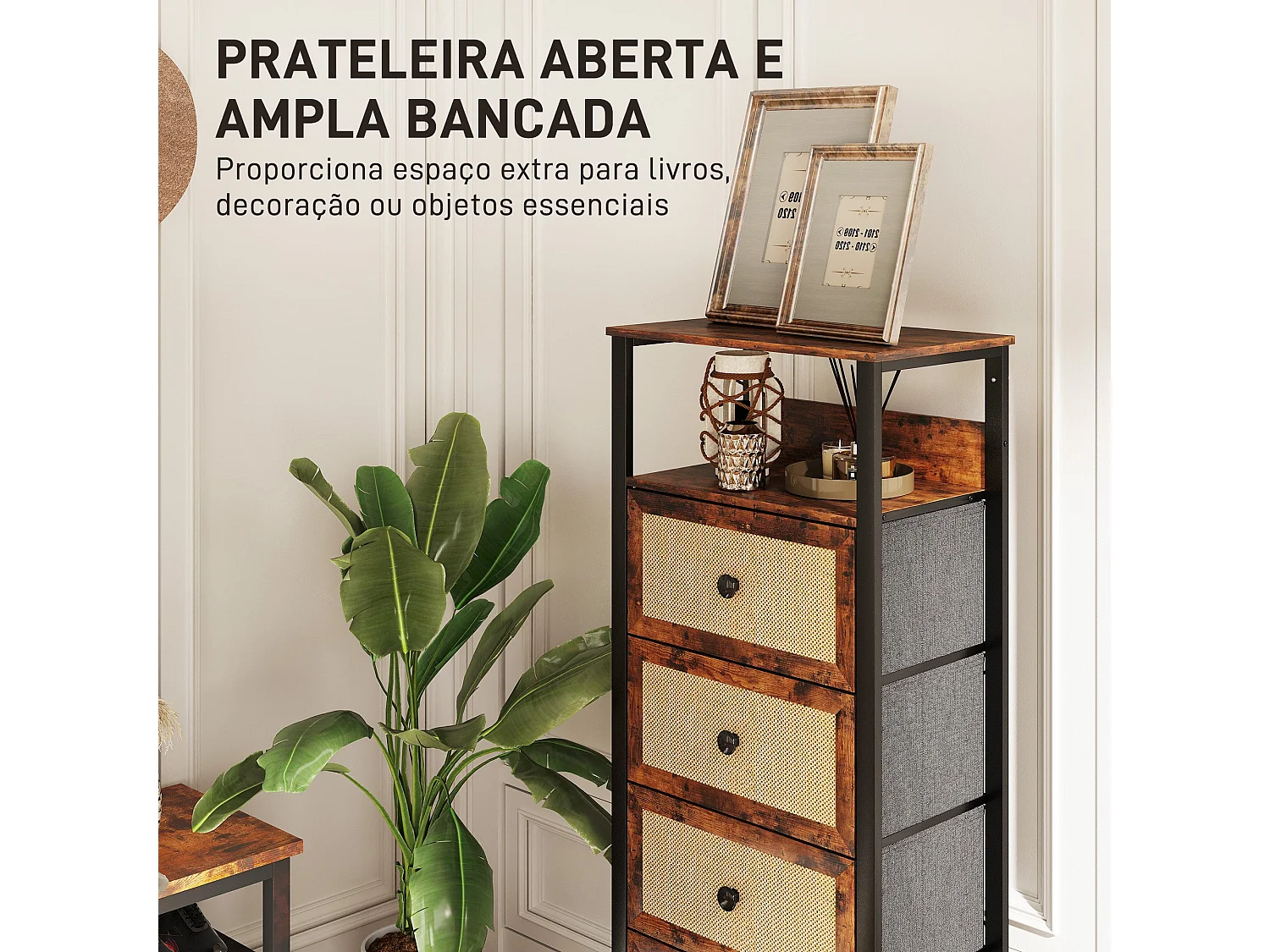 Cómoda Meg Homcom estante abierto + 4 cajones plegables marrón 126x50x30 cm