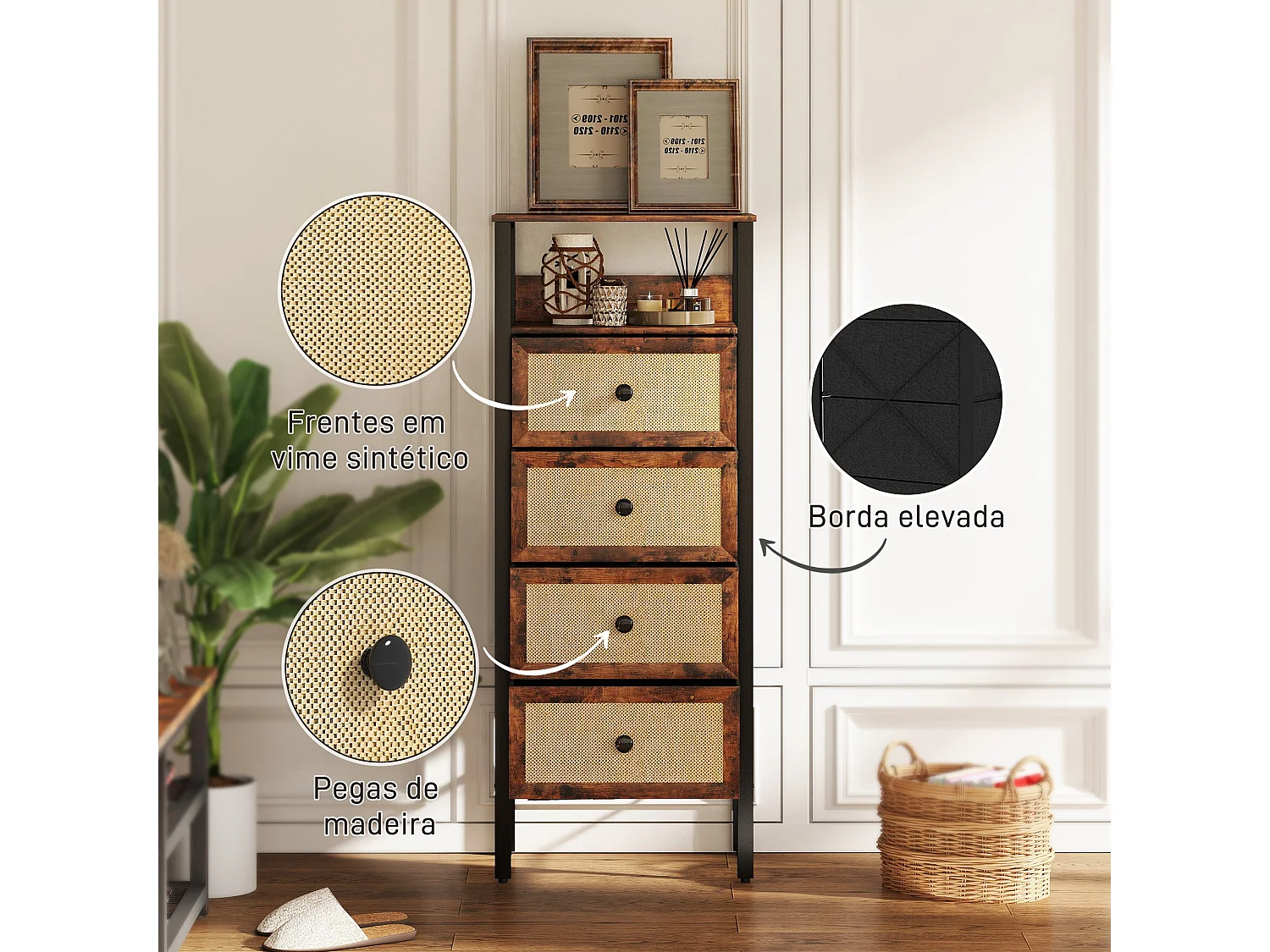 Cómoda Meg Homcom estante abierto + 4 cajones plegables marrón 126x50x30 cm