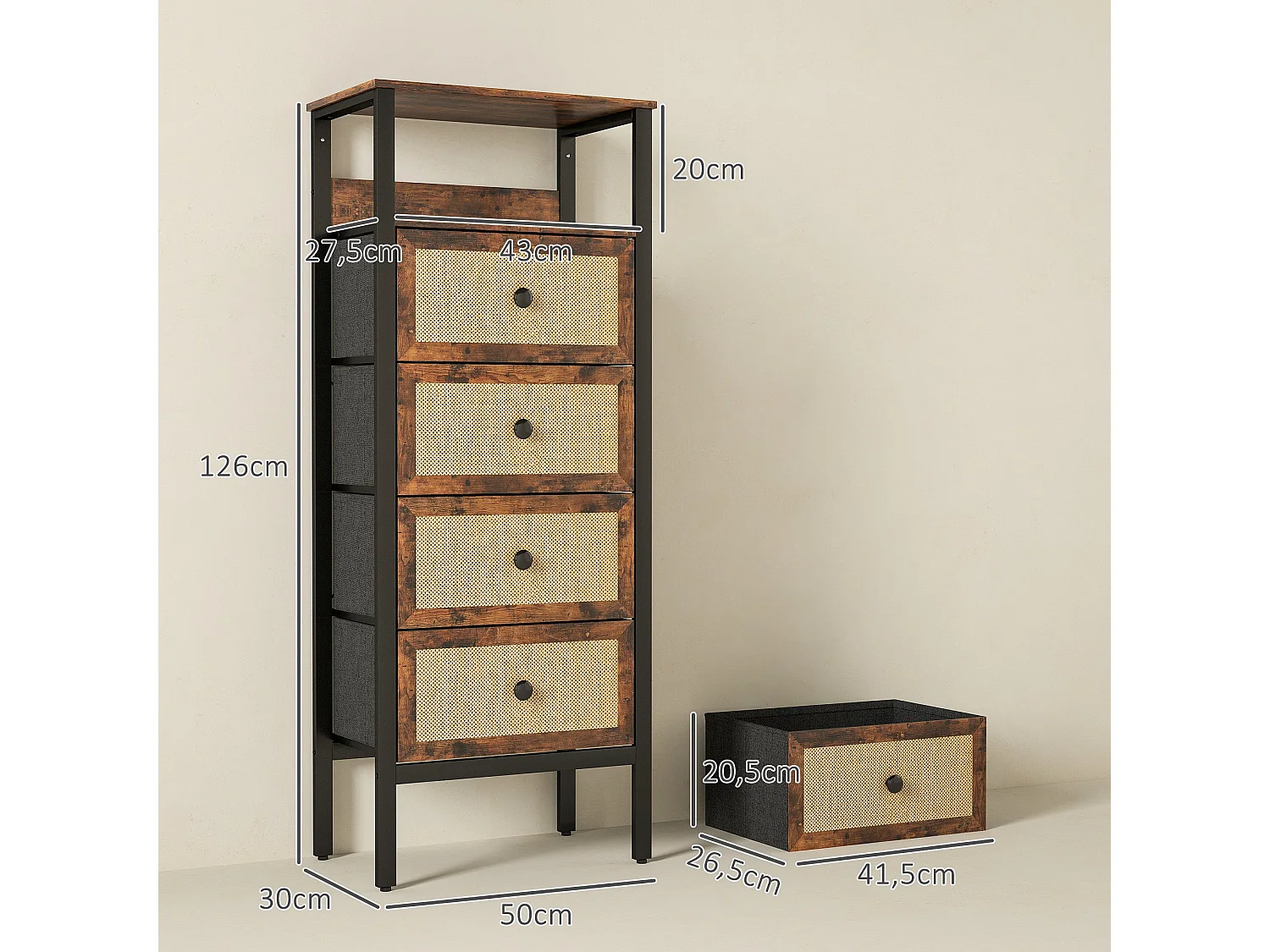 Cómoda Meg Homcom estante abierto + 4 cajones plegables marrón 126x50x30 cm