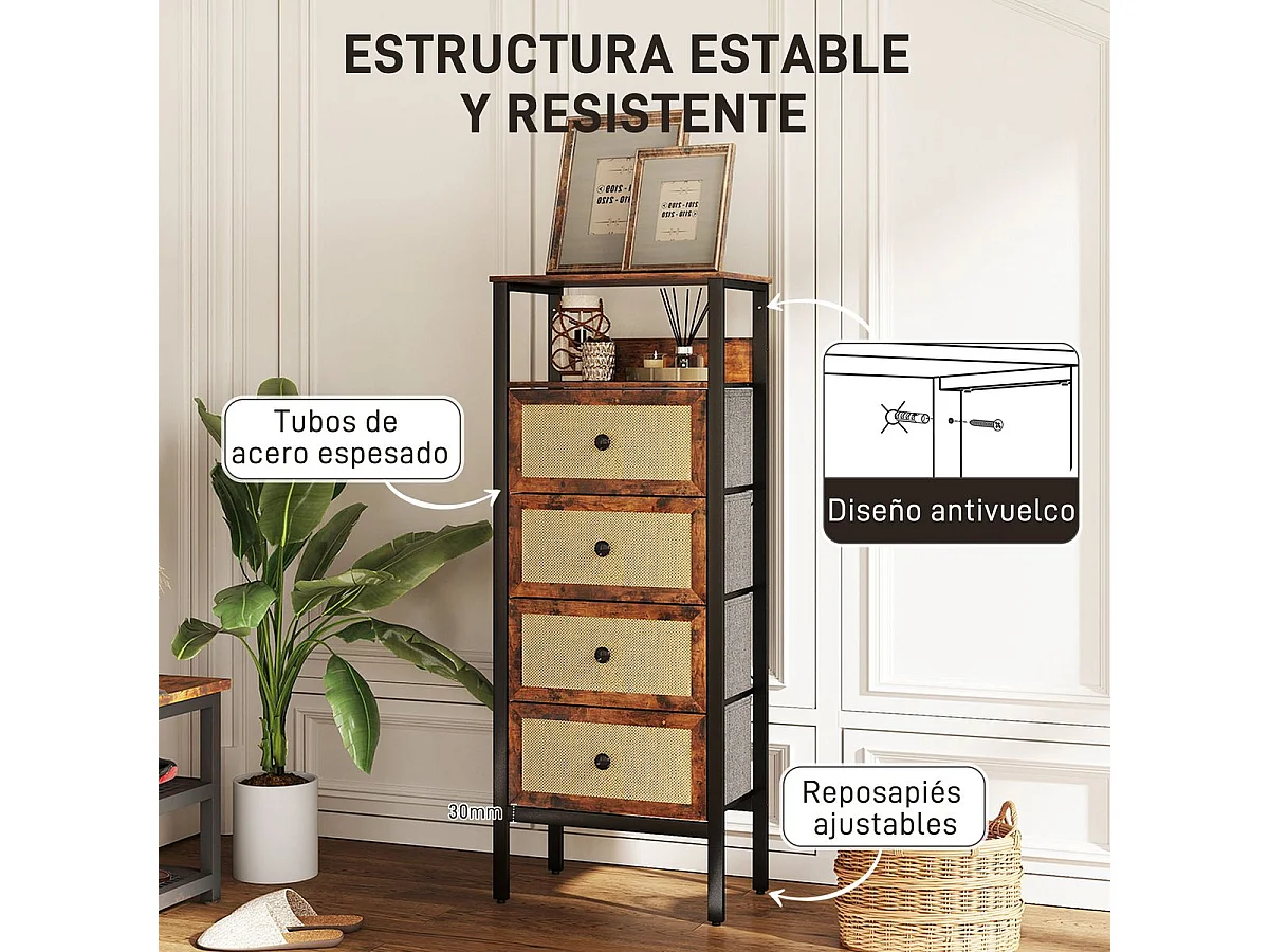 Cómoda Meg Homcom estante abierto + 4 cajones plegables marrón 126x50x30 cm