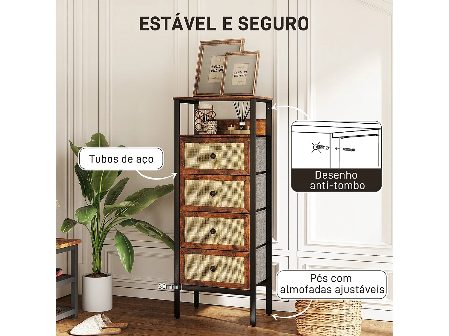 Cómoda Einar em Tecido com 4 Gavetas e Prateleira – Estilo Rústico e Industrial para sua Casa