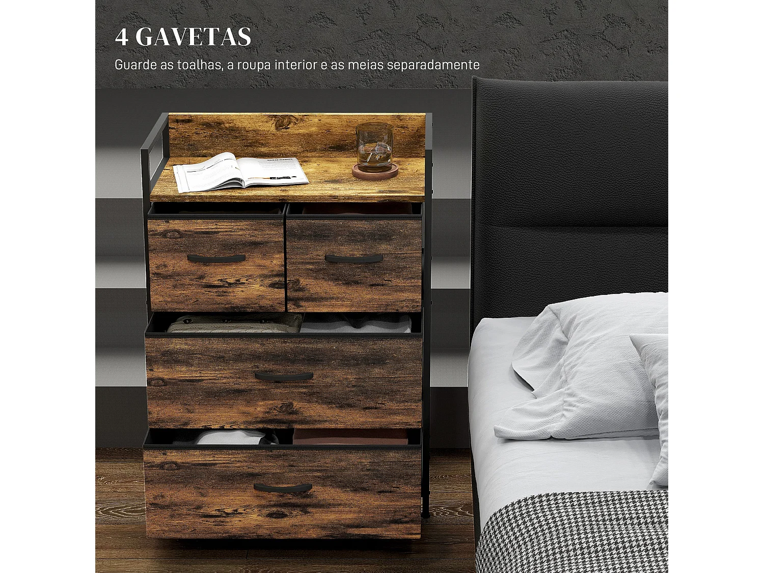 Cajonera Malta Homcom 4 cajones de tela marrón oscuro 85x60x29 cm