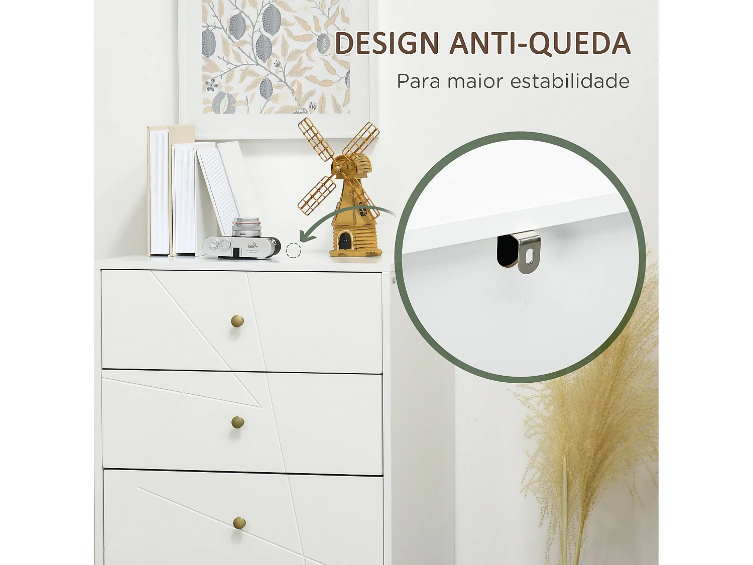 Cómoda Estrasburgo Homcom 4 cajones con patas de horquilla blanco/dorado 100x40x60 cm