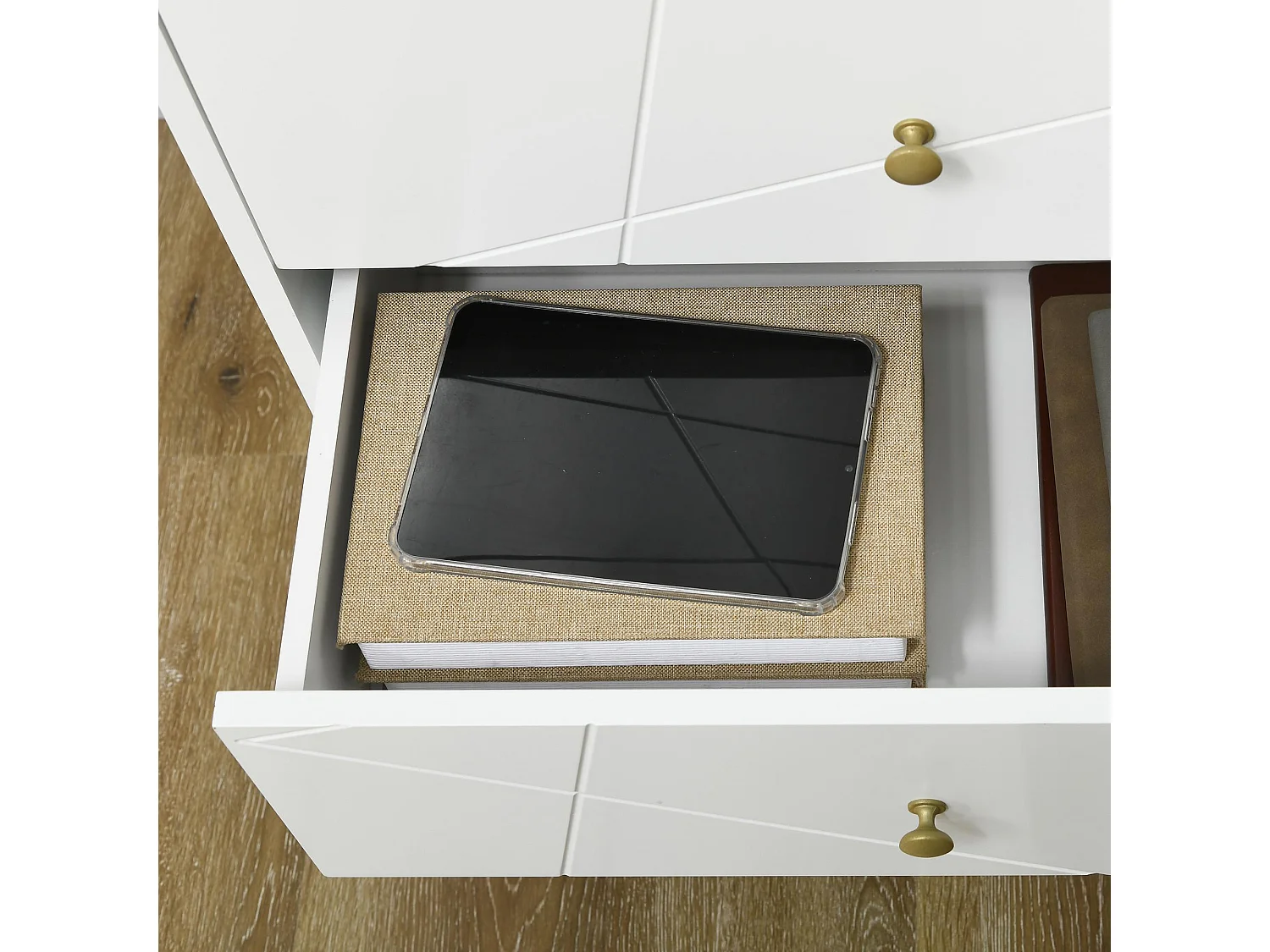 Cómoda Estrasburgo Homcom 4 cajones con patas de horquilla blanco/dorado 100x40x60 cm