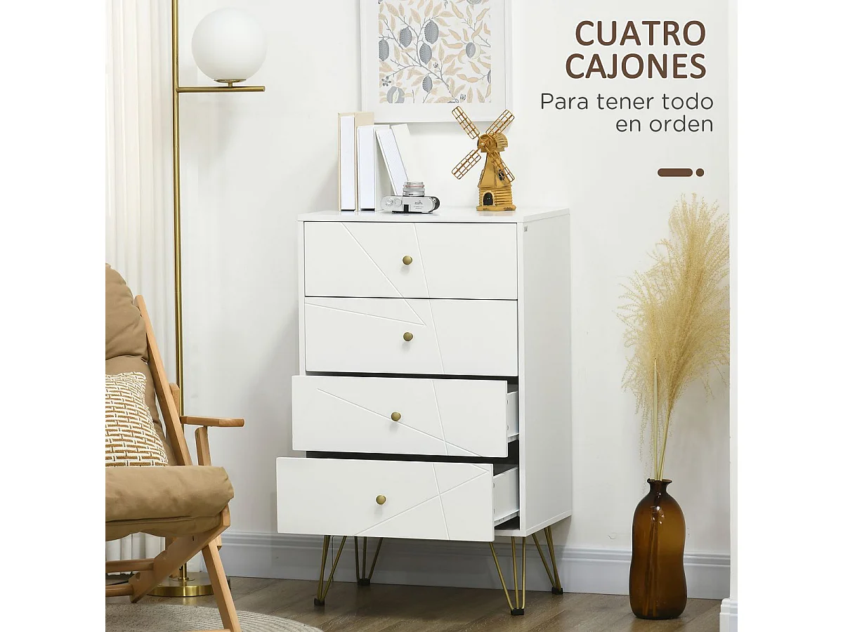Cómoda Estrasburgo Homcom 4 cajones con patas de horquilla blanco/dorado 100x40x60 cm