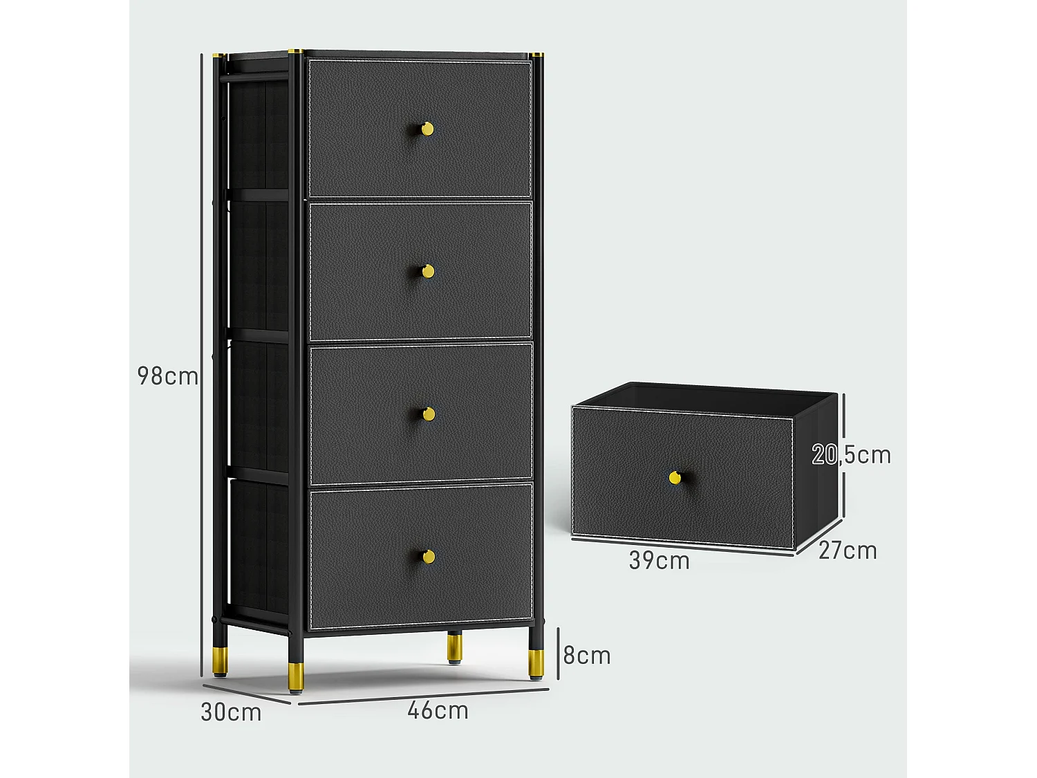 Cómoda de Tecido com 4 Gavetas Dobráveis e Frente de Couro PU - Estrutura de Aço - Modelo Luleå 46x30x98 cm Preto