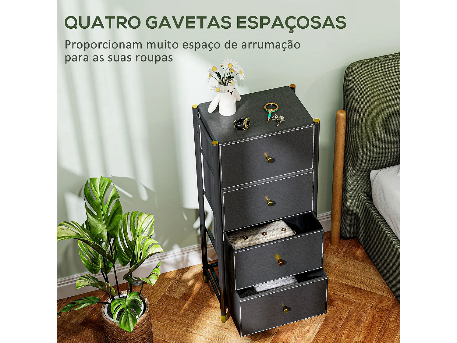 Cómoda de Tecido com 4 Gavetas Dobráveis e Frente de Couro PU - Estrutura de Aço - Modelo Luleå 46x30x98 cm Preto