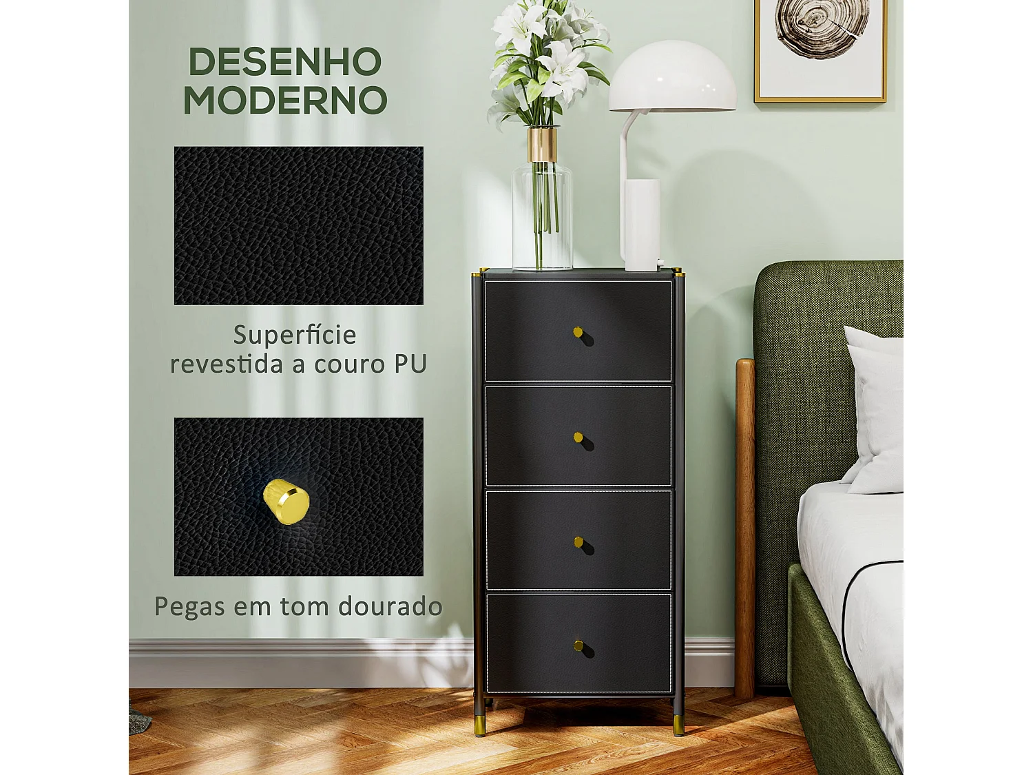 Cómoda de Tecido com 4 Gavetas Dobráveis e Frente de Couro PU - Estrutura de Aço - Modelo Luleå 46x30x98 cm Preto