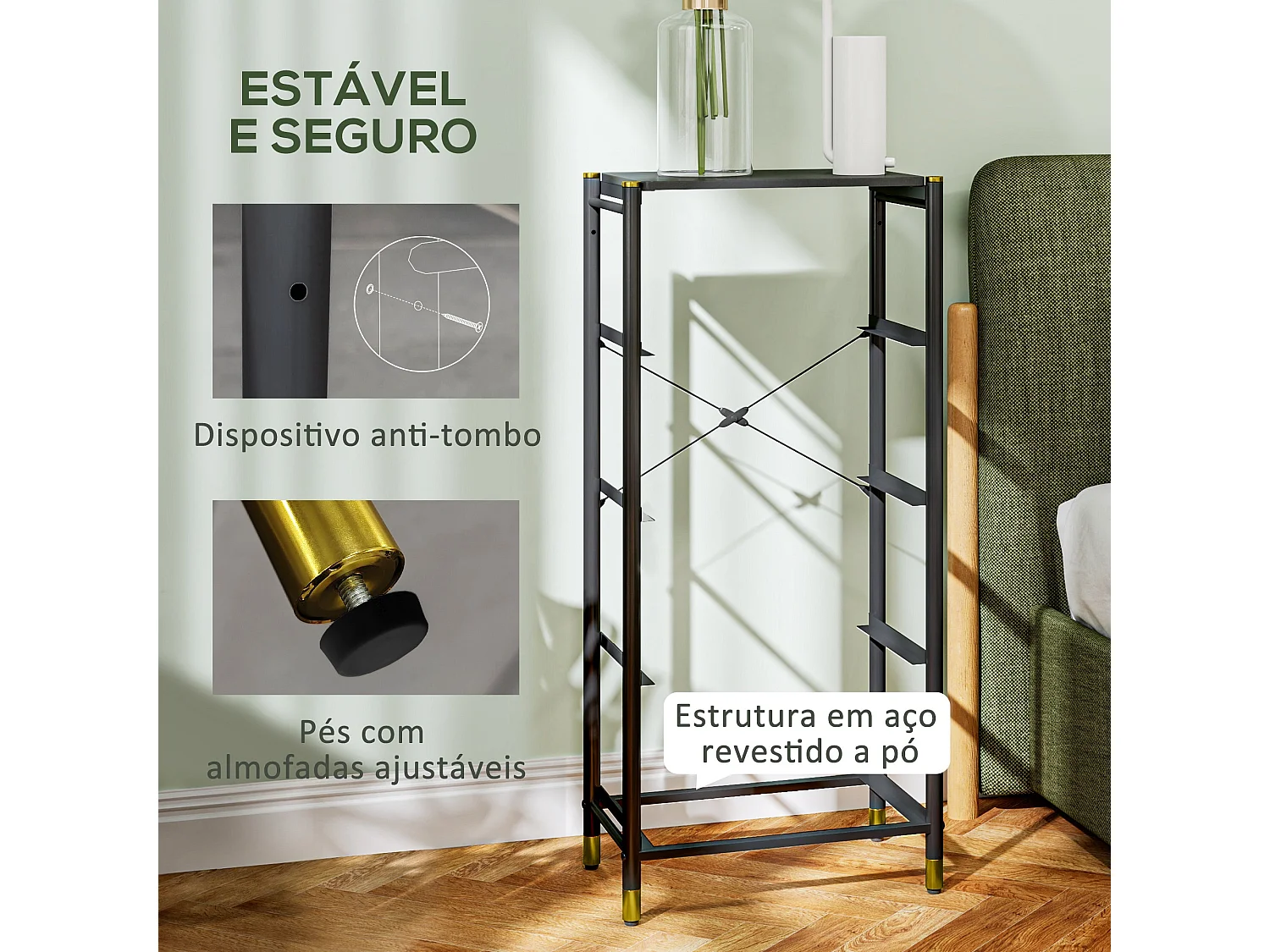 Cómoda de Tecido com 4 Gavetas Dobráveis e Frente de Couro PU - Estrutura de Aço - Modelo Luleå 46x30x98 cm Preto