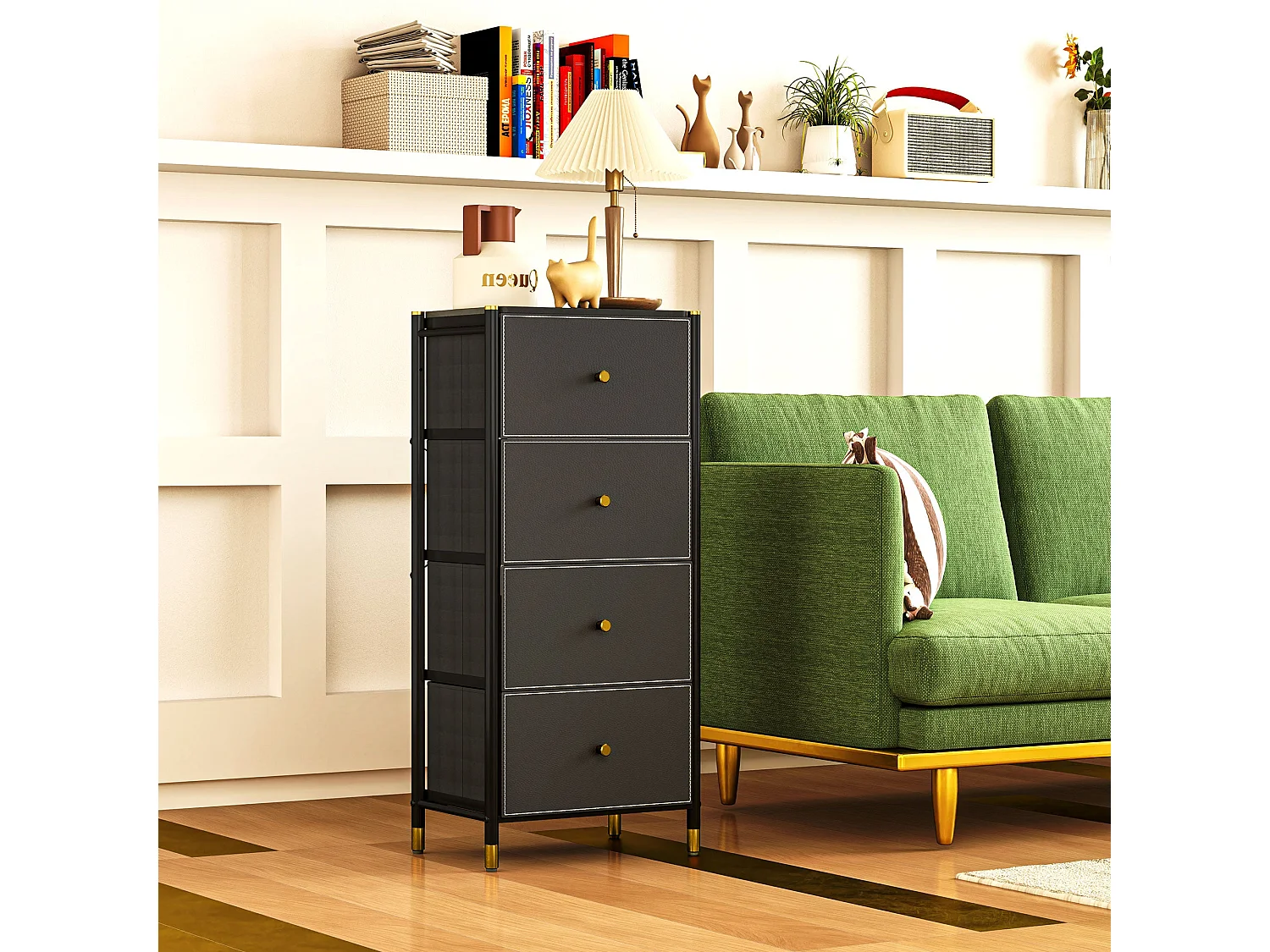 Cómoda de Tecido com 4 Gavetas Dobráveis e Frente de Couro PU - Estrutura de Aço - Modelo Luleå 46x30x98 cm Preto