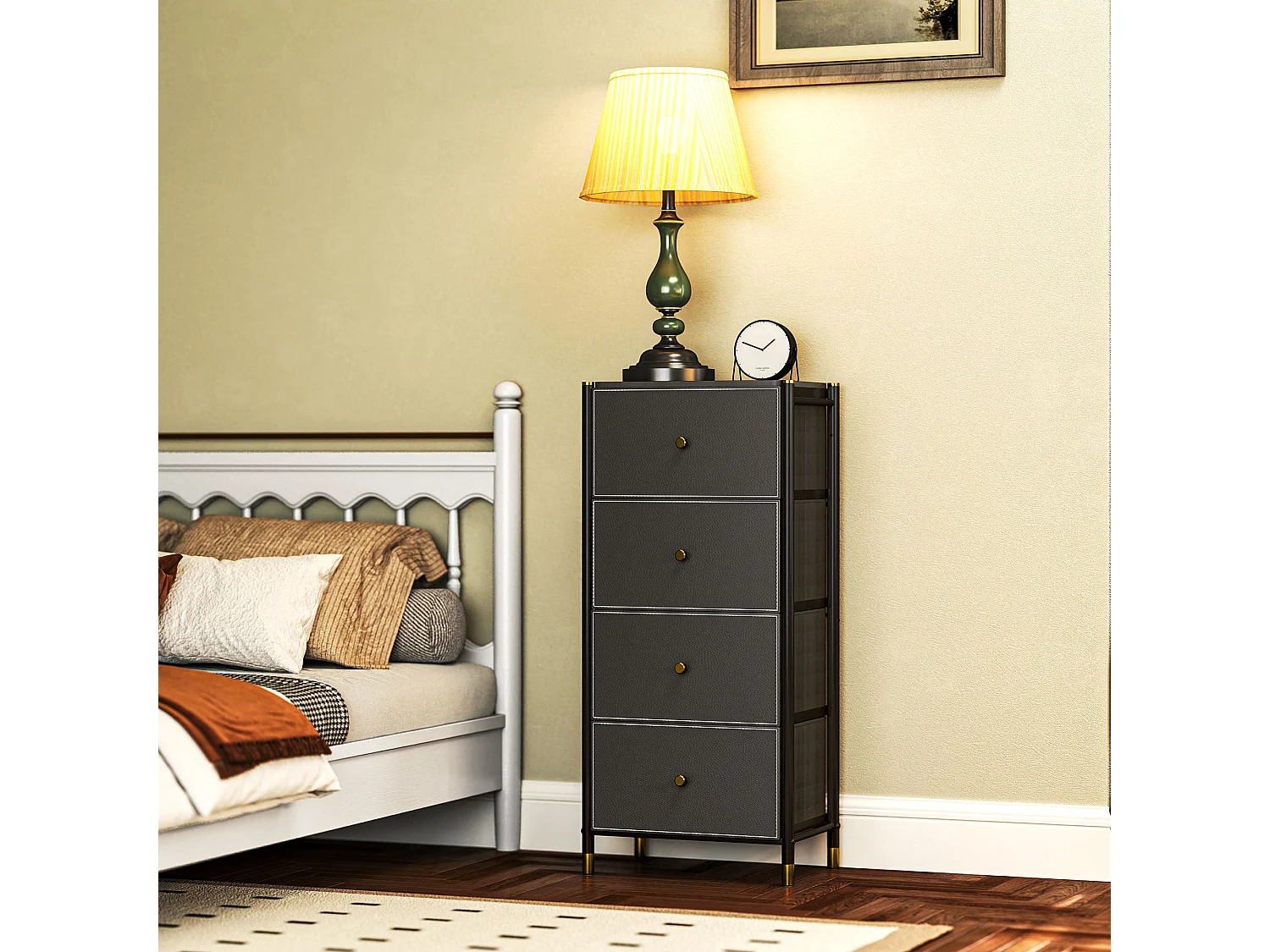 Cómoda de Tecido com 4 Gavetas Dobráveis e Frente de Couro PU - Estrutura de Aço - Modelo Luleå 46x30x98 cm Preto