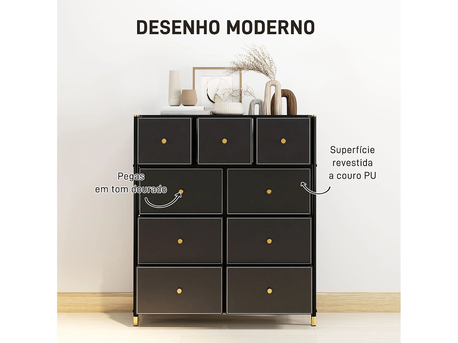 Cómoda Manchester Homcom 9 cajones negro/dorado 103,5x88x30 cm