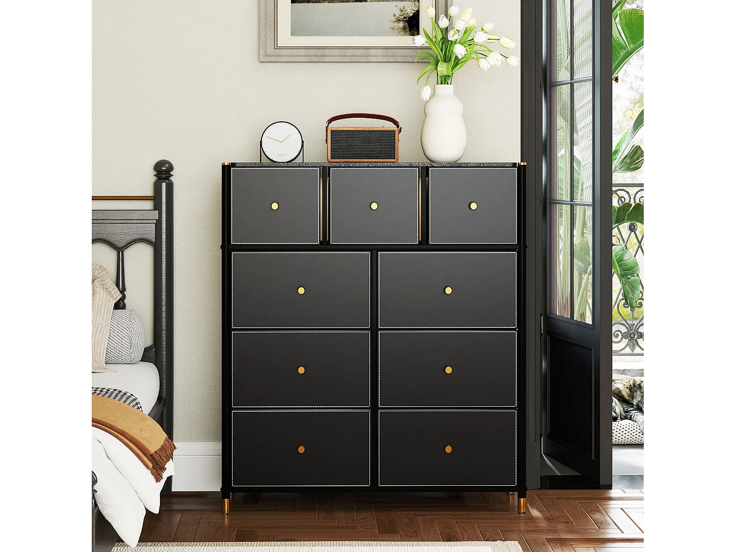 Cómoda Manchester Homcom 9 cajones negro/dorado 103,5x88x30 cm